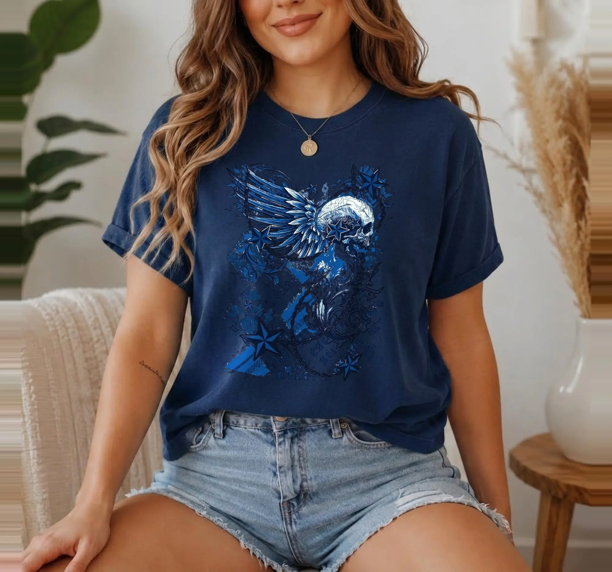Vintage Skull Wings Graphic Tee, Navy Blue Oversized Y2K Grunge Streetwear Shirt for Men and Women - photo 2