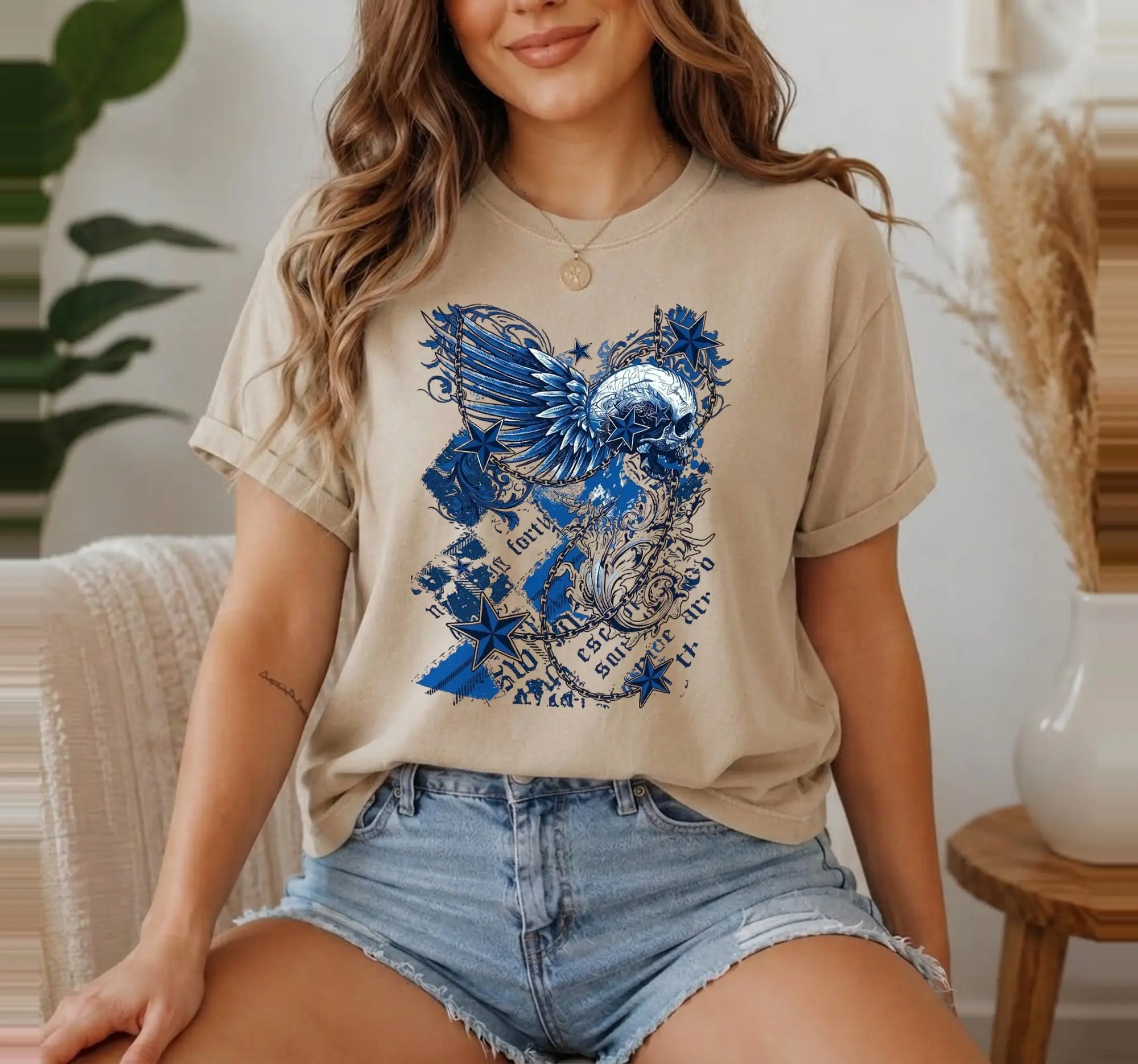 Vintage Skull Wings Graphic Tee, Navy Blue Oversized Y2K Grunge Streetwear Shirt for Men and Women - photo 3