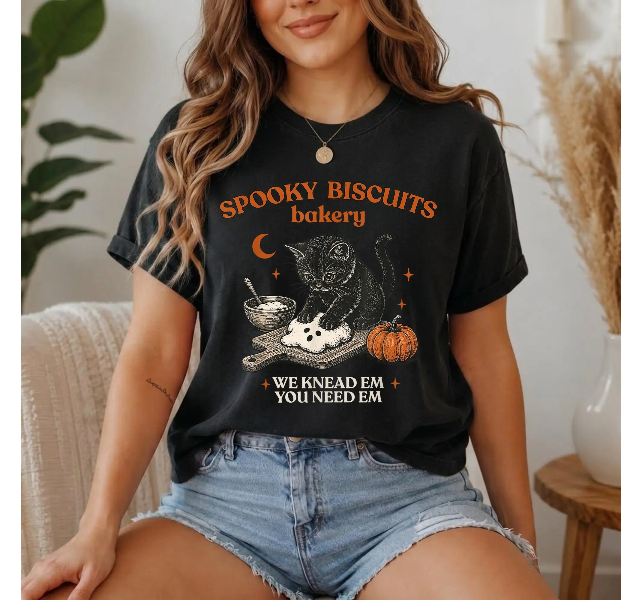 Vintage Spooky Cat Baking Shirt, Funny Halloween Feline Pastry Graphic Tee - photo 3
