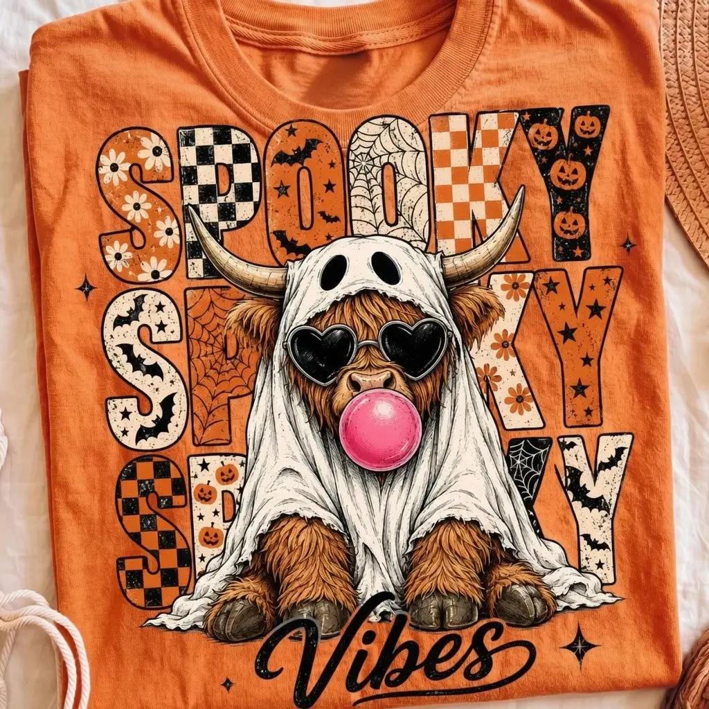 Vintage Spooky Highland Cow Halloween Shirt, Funny Cute Fall Graphic Tshirt - photo 2