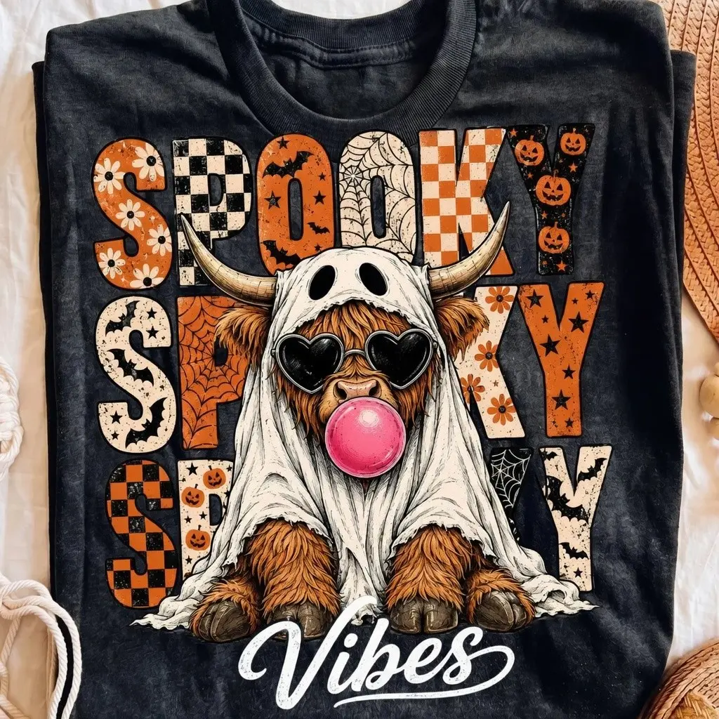 Vintage Spooky Highland Cow Halloween Shirt, Funny Cute Fall Graphic Tshirt - photo 4