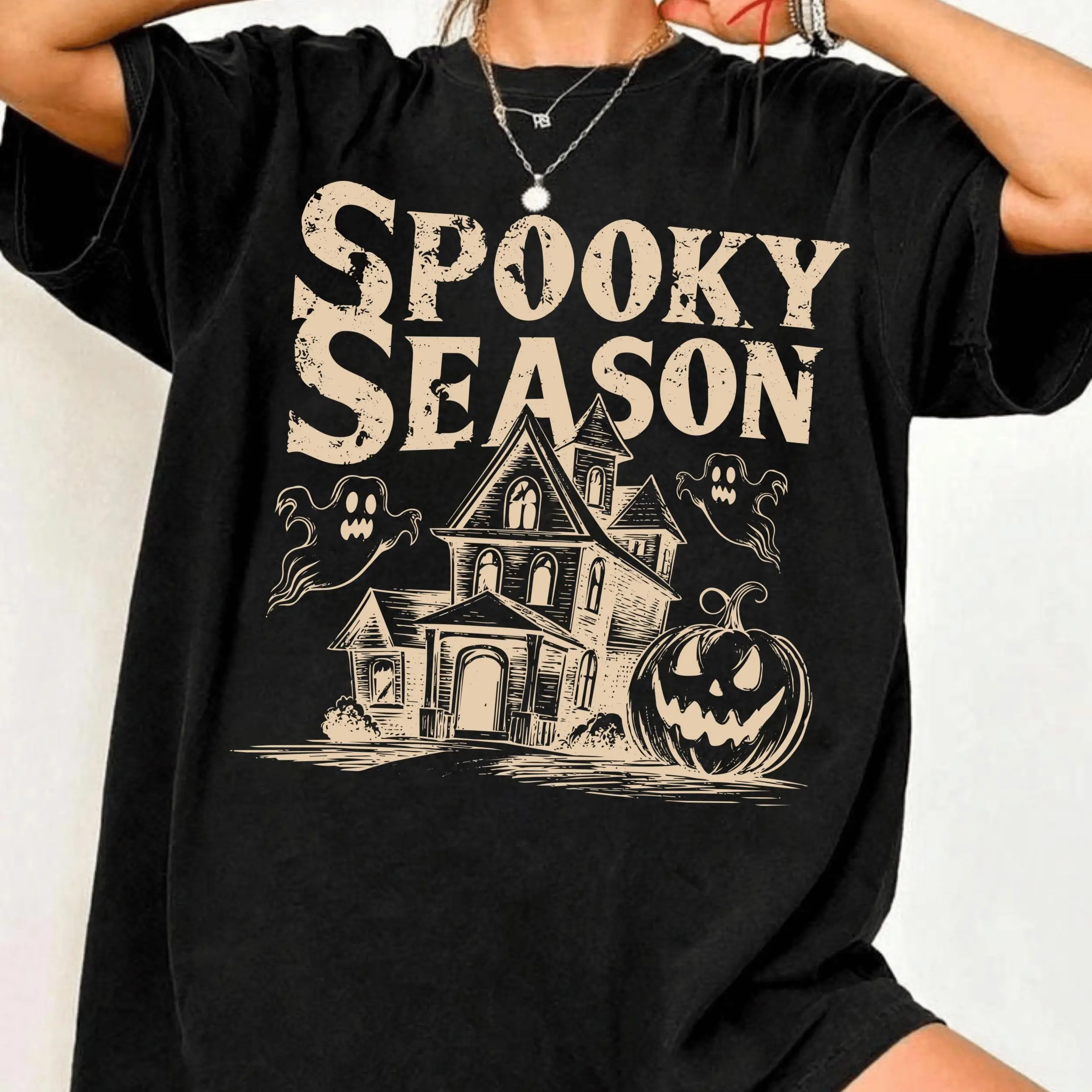 Comfort Colors Vintage Spooky Season Shirt, Haunted House Halloween Tee, Retro Ghost Pumpkin Graphic Top