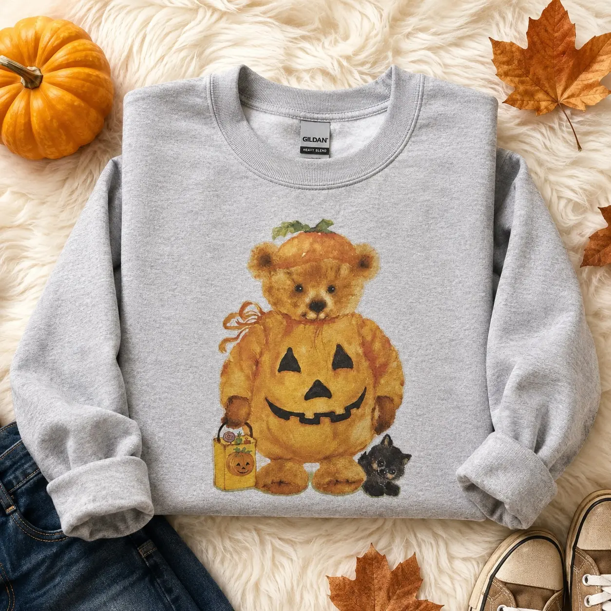 Vintage Teddy Bear Pumpkin Halloween Hoodie, Cute Jack O Lantern Black Cat Graphic Pullover, Spooky Fall Gift - photo 1
