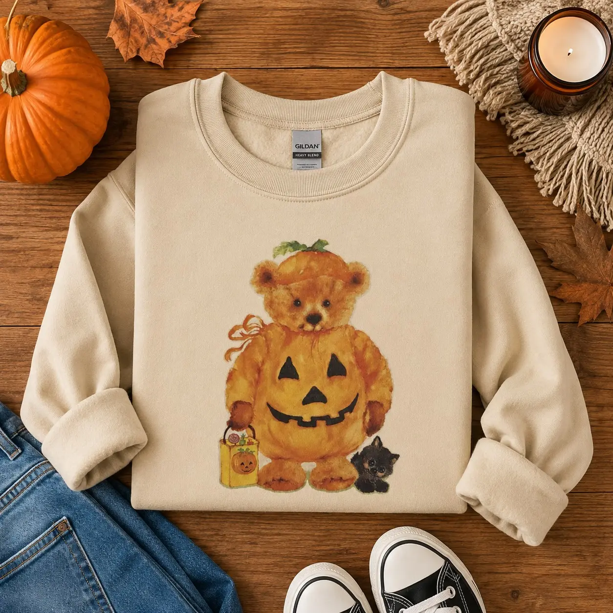 Vintage Teddy Bear Pumpkin Halloween Hoodie, Cute Jack O Lantern Black Cat Graphic Pullover, Spooky Fall Gift - photo 4