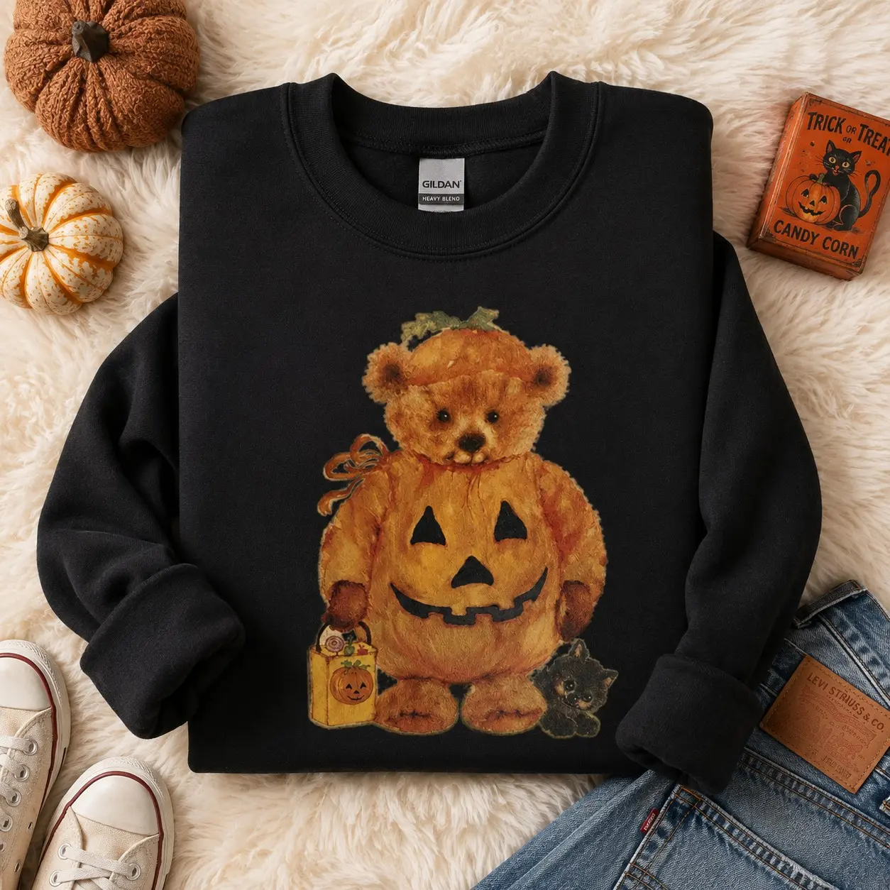 Vintage Teddy Bear Pumpkin Halloween Hoodie, Cute Jack O Lantern Black Cat Graphic Pullover, Spooky Fall Gift - photo 5