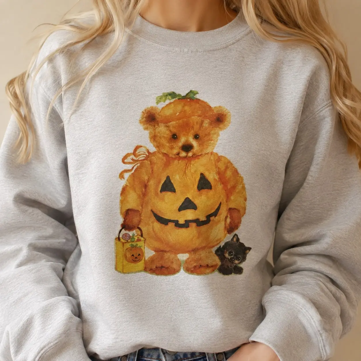 Vintage Teddy Bear Pumpkin Halloween Sweatshirt, Cute Jack O Lantern Black Cat Graphic Crewneck, Spooky Fall Gift - photo 2