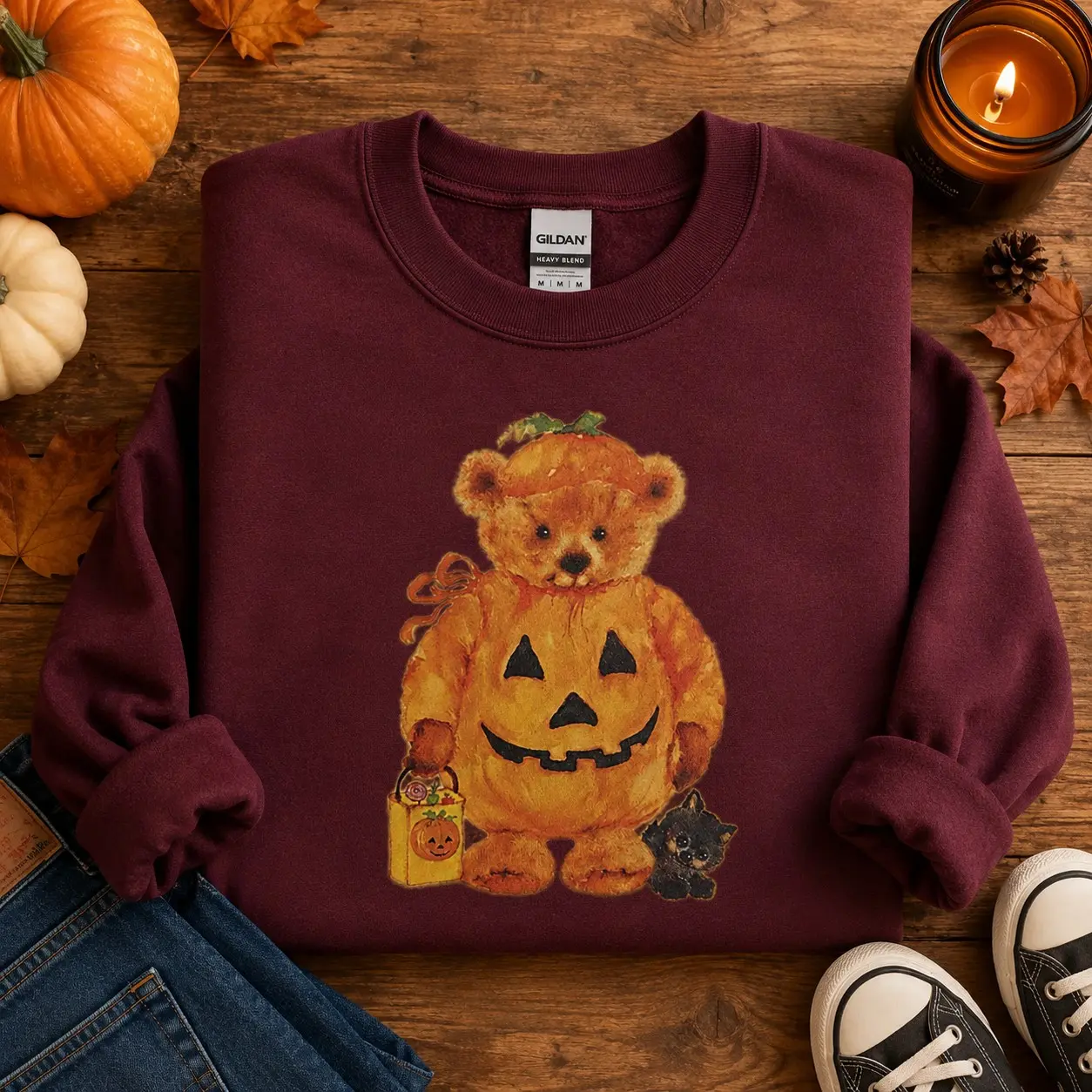 Vintage Teddy Bear Pumpkin Halloween Sweatshirt, Cute Jack O Lantern Black Cat Graphic Crewneck, Spooky Fall Gift - photo 3