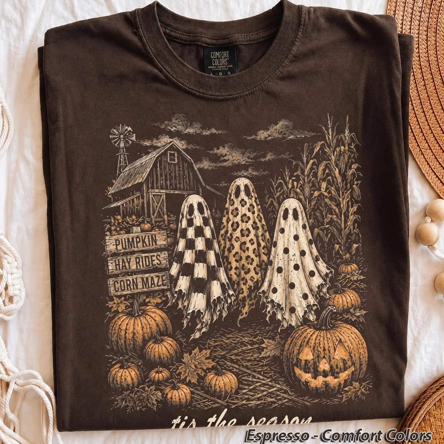 Vintage Tis The Season Ghost Trio Shirt, Pumpkin Hay Ride Corn Maze Retro Farmhouse Halloween Tee, Womens Trendy Fall Top - photo 2