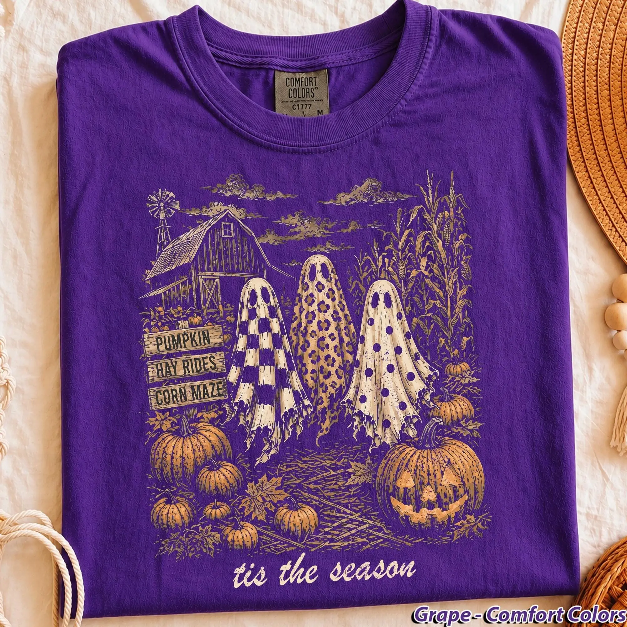 Vintage Tis The Season Ghost Trio Shirt, Pumpkin Hay Ride Corn Maze Retro Farmhouse Halloween Tee, Womens Trendy Fall Top - photo 4