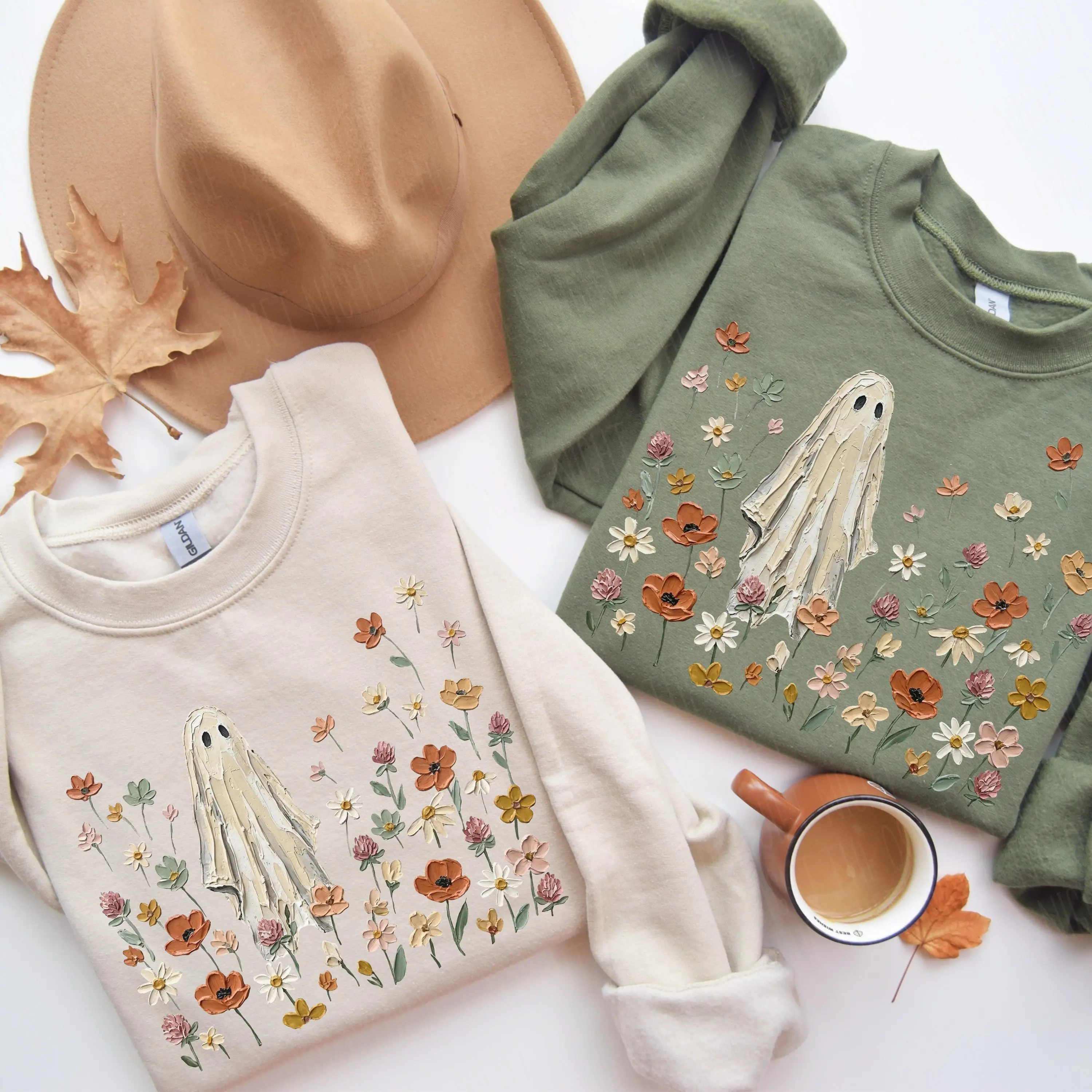 Vintage Wildflowers Ghost Sweatshirt, Spooky Season Botanical Crewneck, Floral Lover Shirt