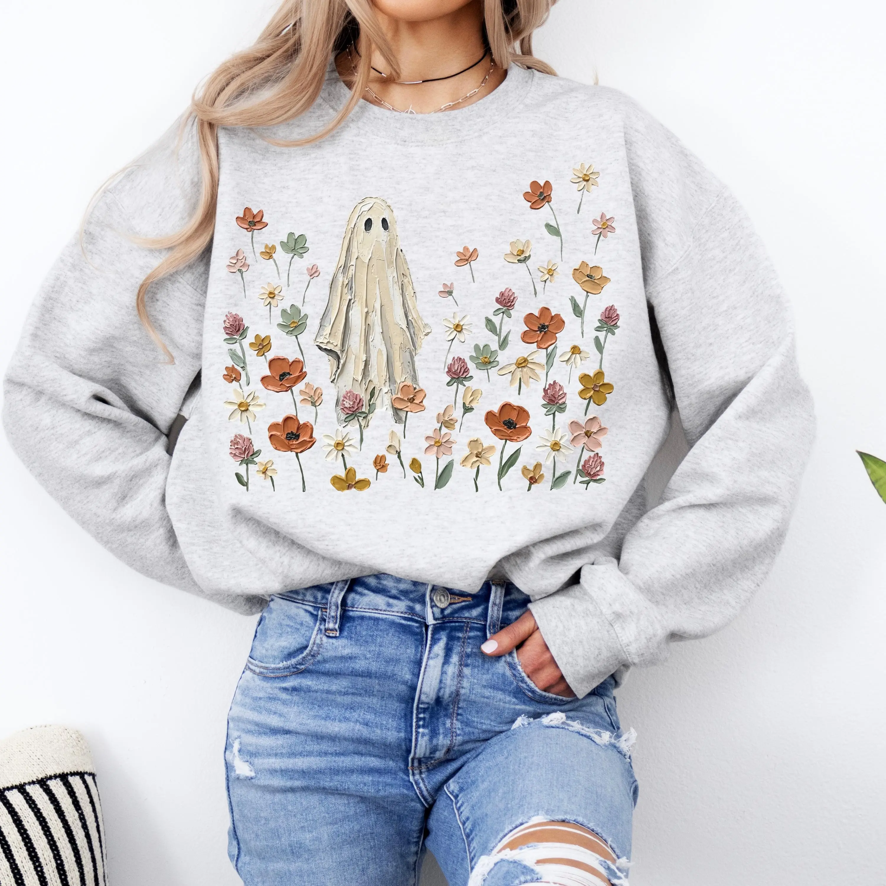 Vintage Wildflowers Ghost Sweatshirt, Spooky Season Botanical Crewneck, Floral Lover Shirt - photo 2