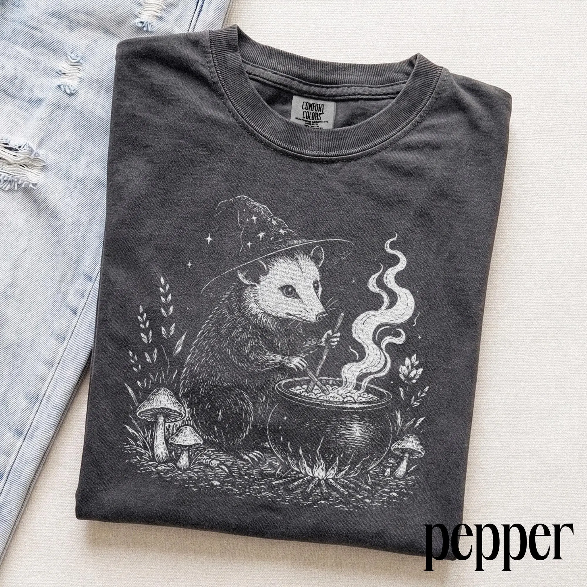 Comfort Colors Vintage Witch Opossum Graphic Tee, Retro Woodland Cottagecore Halloween Animal Top Gift - photo 1