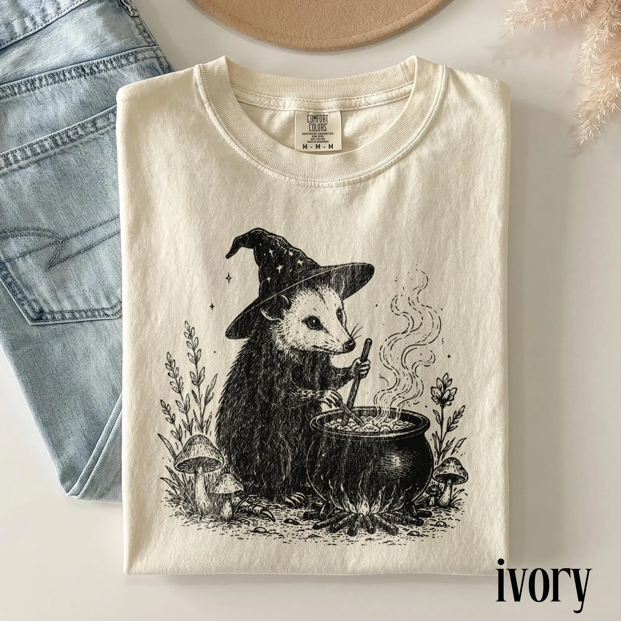 Comfort Colors Vintage Witch Opossum Graphic Tee, Retro Woodland Cottagecore Halloween Animal Top Gift - photo 2