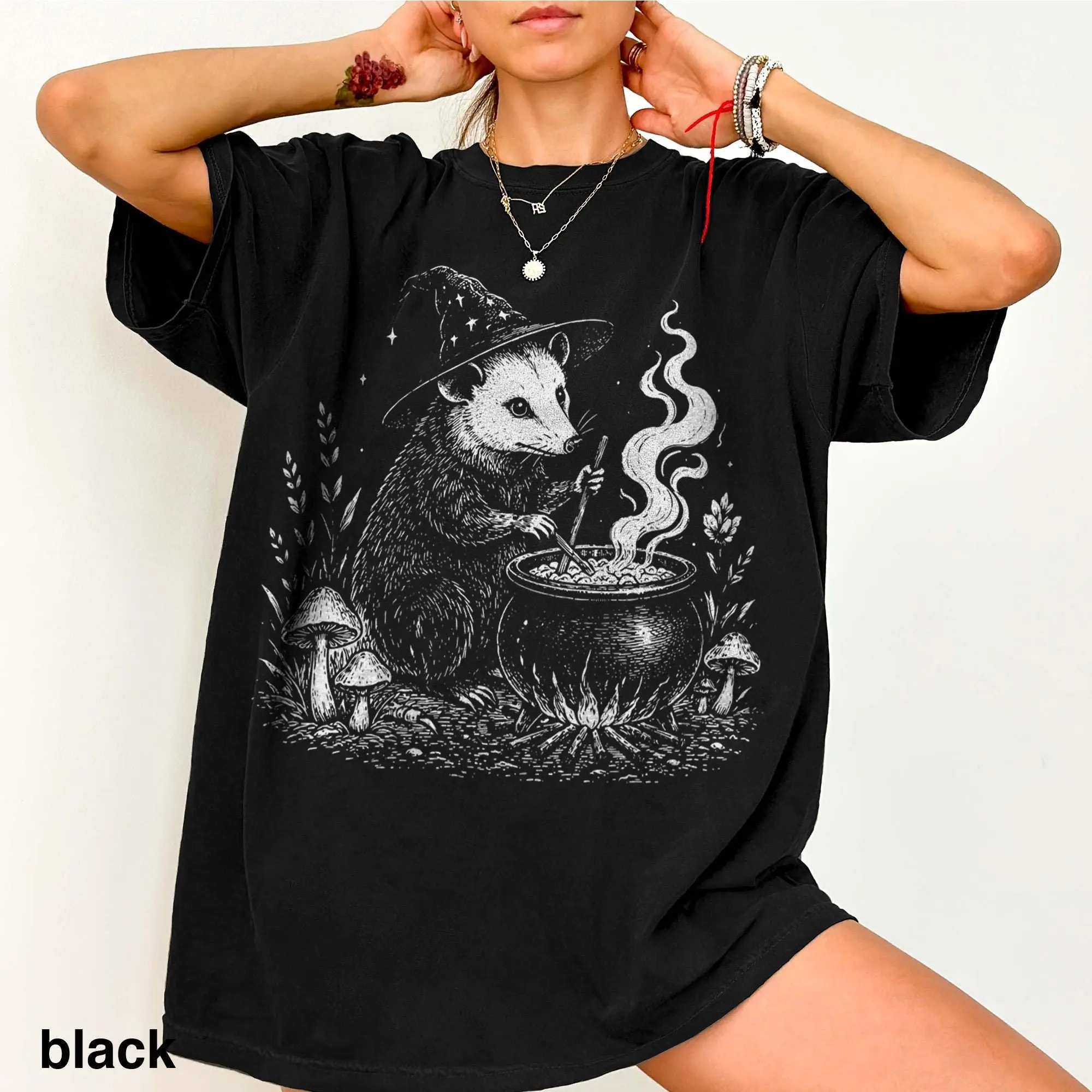 Comfort Colors Vintage Witch Opossum Graphic Tee, Retro Woodland Cottagecore Halloween Animal Top Gift - photo 5