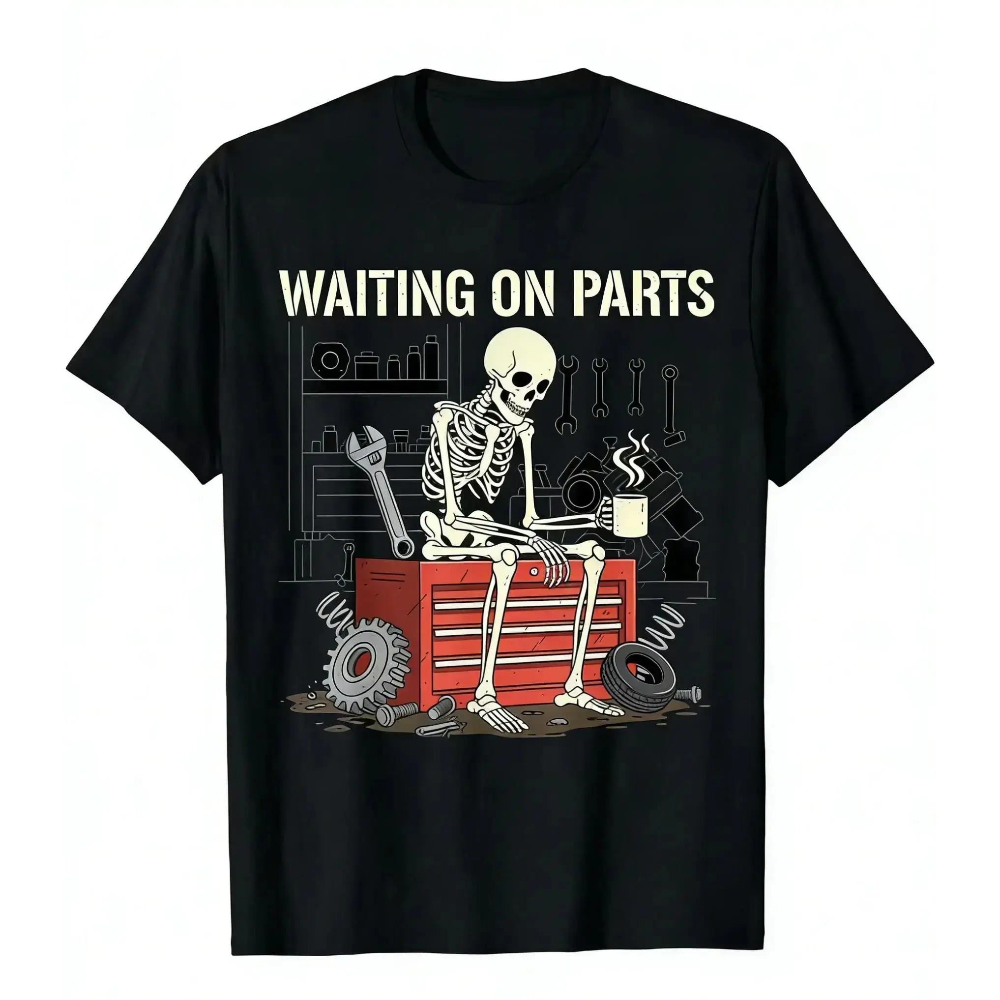 Waiting On Parts Funny Skeleton Auto Mechanic T-Shirt, Technician Graphic Tee for Women and Men, Trendy Short Sleeve Couple Top