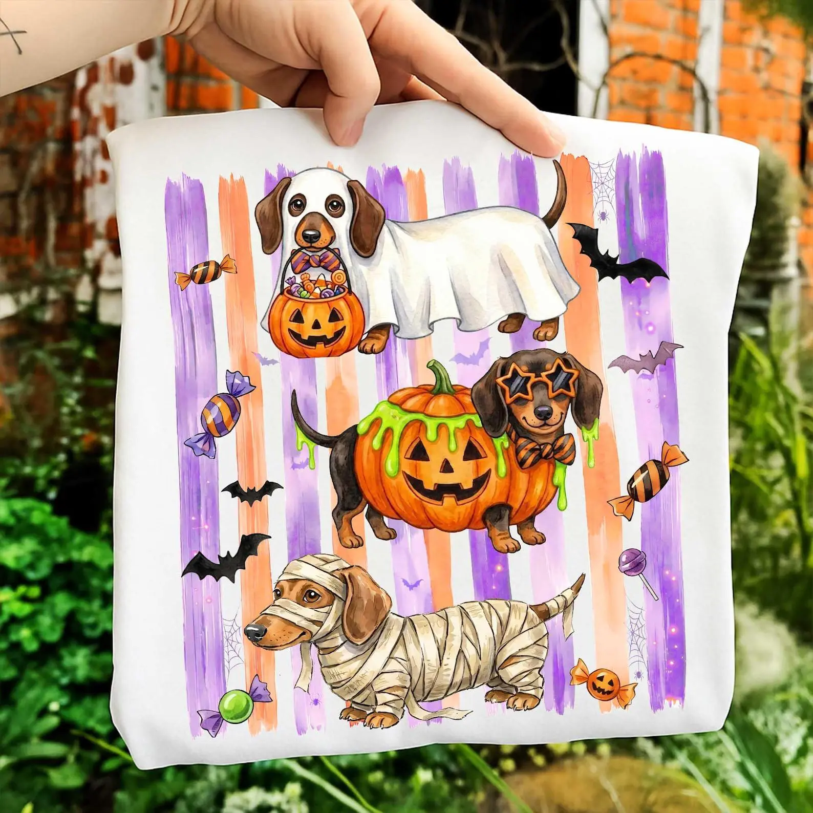 Watercolor Striped Halloween Trick or Treat Dachshund Shirt, Witch Pumpkin Mummy Ghost Weenie Dog Lover Graphic Tee