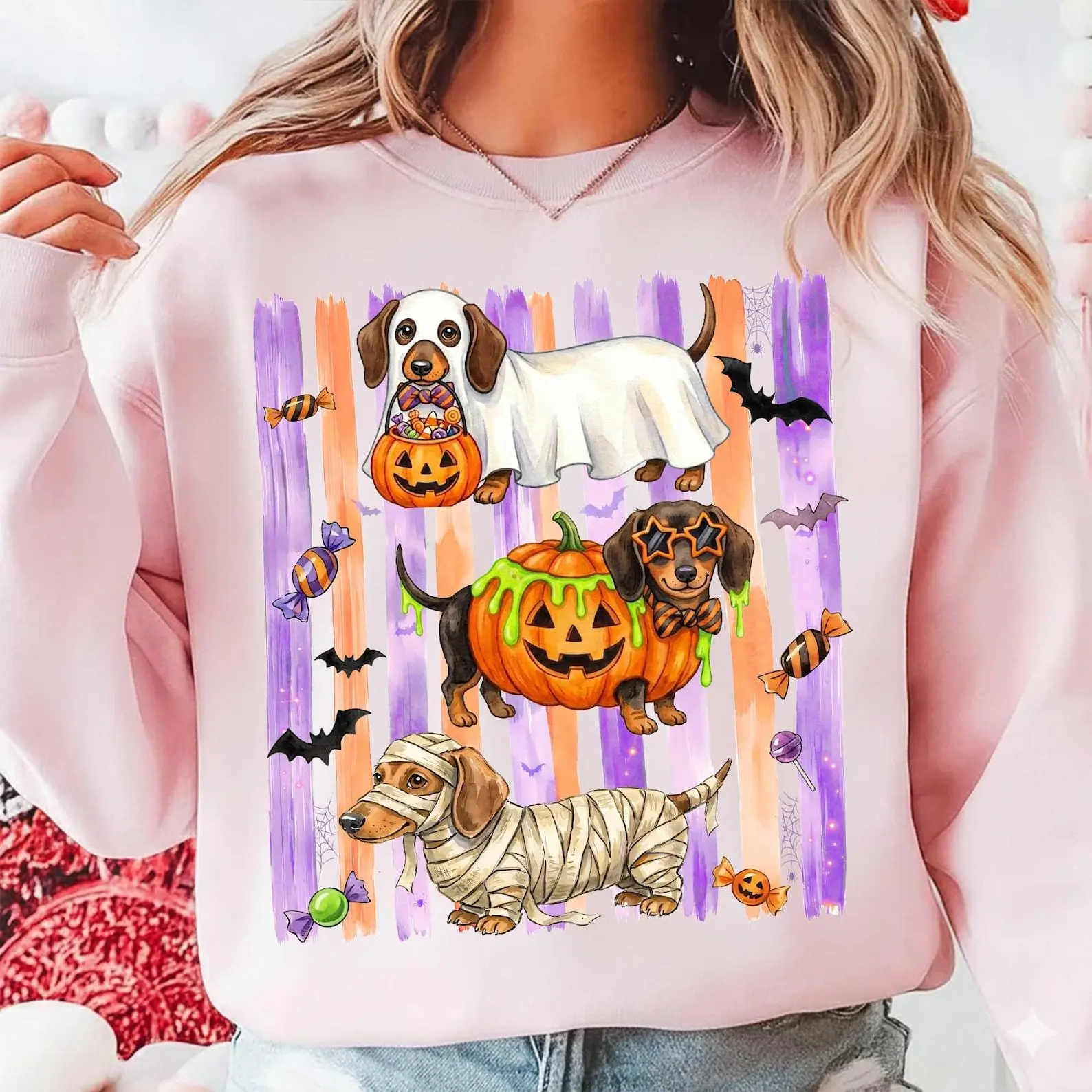 Watercolor Striped Halloween Trick or Treat Dachshund Shirt, Witch Pumpkin Mummy Ghost Weenie Dog Lover Graphic Tee - photo 2
