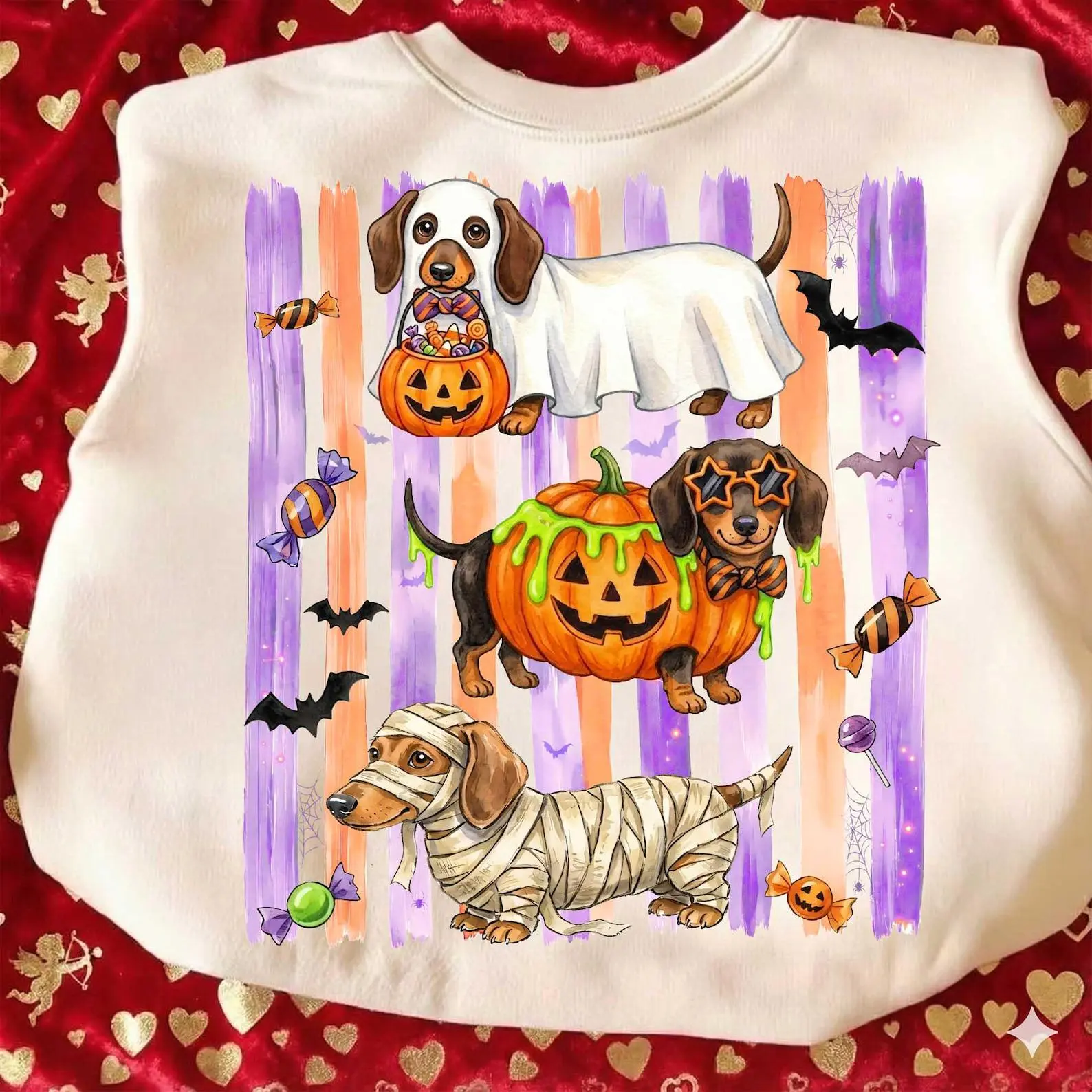 Watercolor Striped Halloween Trick or Treat Dachshund Shirt, Witch Pumpkin Mummy Ghost Weenie Dog Lover Graphic Tee - photo 3