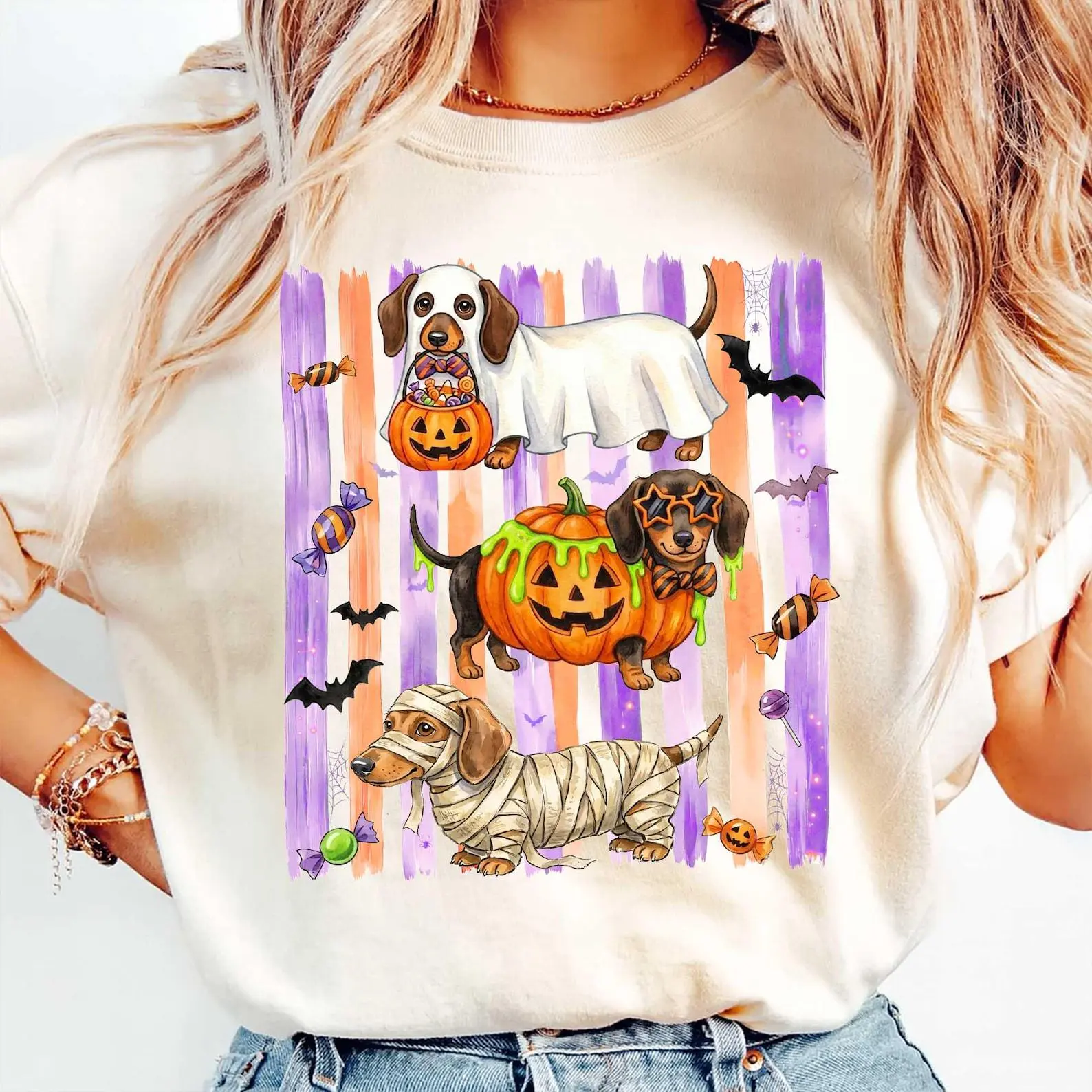Watercolor Striped Halloween Trick or Treat Dachshund Shirt, Witch Pumpkin Mummy Ghost Weenie Dog Lover Graphic Tee - photo 4