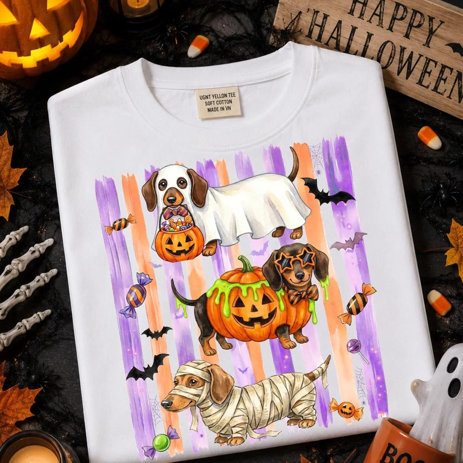 Watercolor Striped Halloween Trick or Treat Dachshund Shirt, Witch Pumpkin Mummy Ghost Weenie Dog Lover Graphic Tee - photo 5