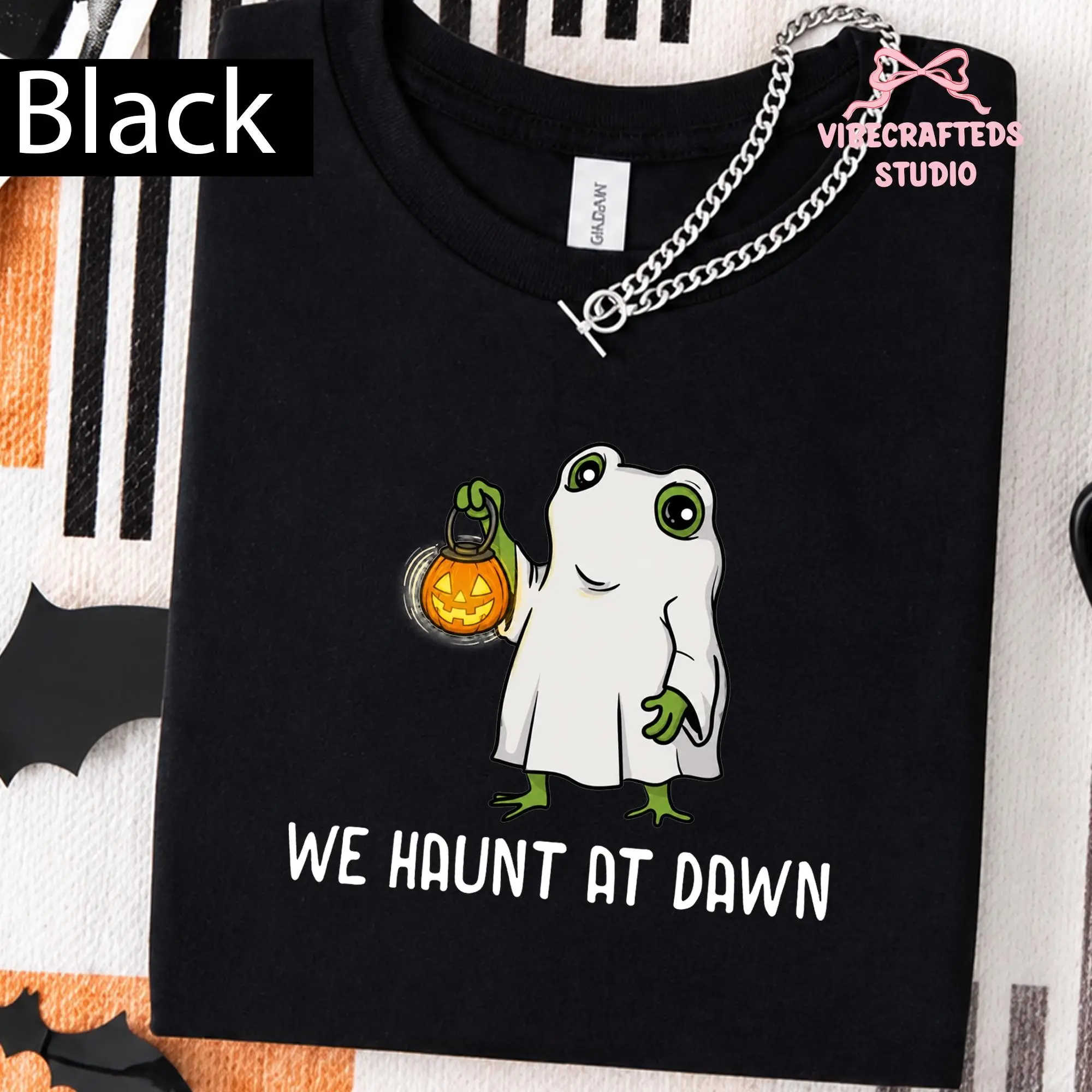 Gildan We Haunt At Dawn Frog Ghost Unisex Shirt, Fall Halloween Pumpkin Lantern Tee, Cute Spooky Season Top