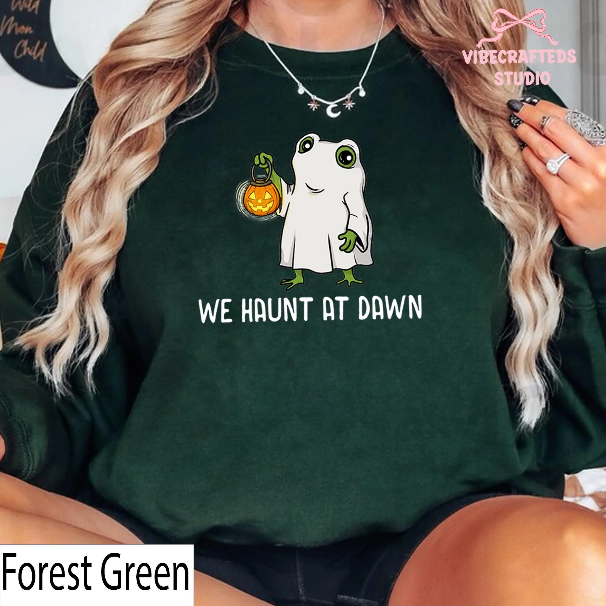 Gildan We Haunt At Dawn Frog Ghost Unisex Shirt, Fall Halloween Pumpkin Lantern Tee, Cute Spooky Season Top - photo 2
