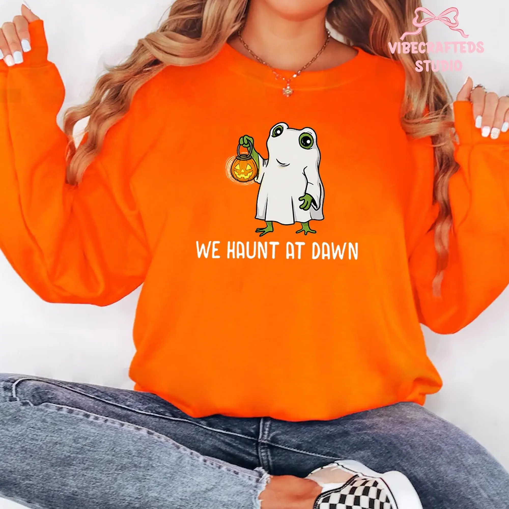 Gildan We Haunt At Dawn Frog Ghost Unisex Shirt, Fall Halloween Pumpkin Lantern Tee, Cute Spooky Season Top - photo 4