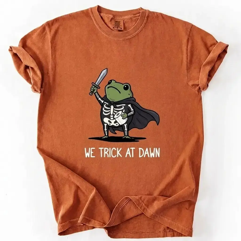 Comfort Colors We Trick At Dawn Halloween T-Shirt, Funny Frog Skeleton Meme Cute Summerween Tee