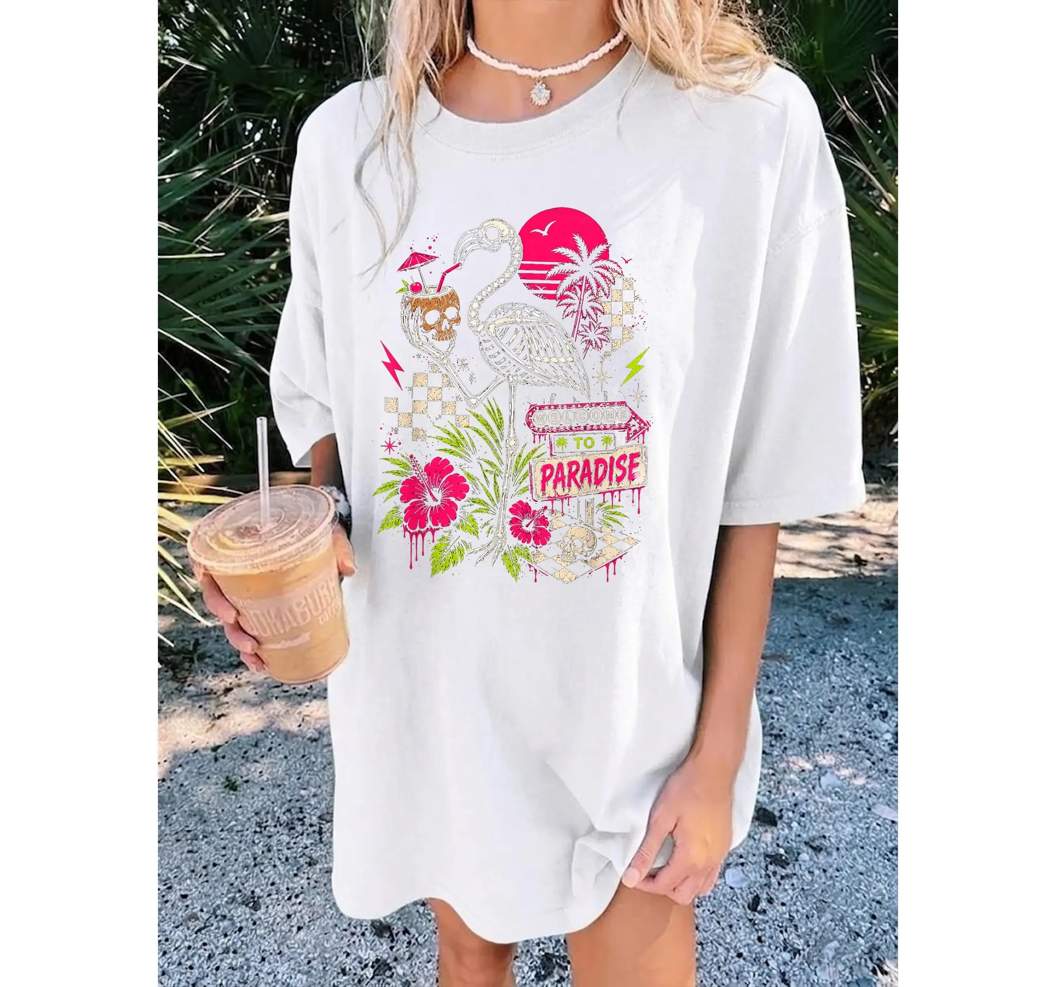 Welcome to Paradise Tee, Goth Summer Skeleton Flamingo Sunset Graphic T-Shirt