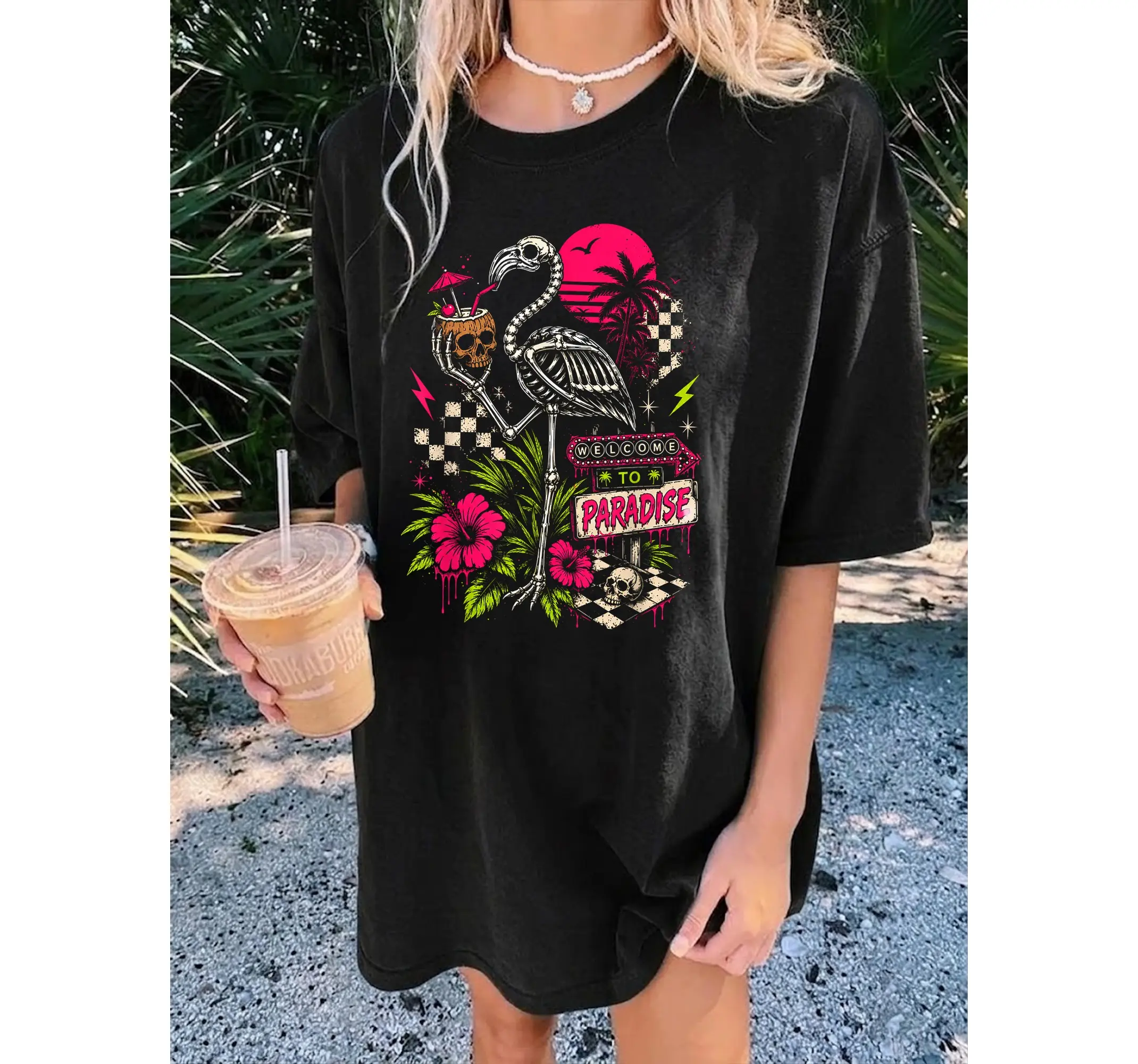 Welcome to Paradise Tee, Goth Summer Skeleton Flamingo Sunset Graphic T-Shirt - photo 2