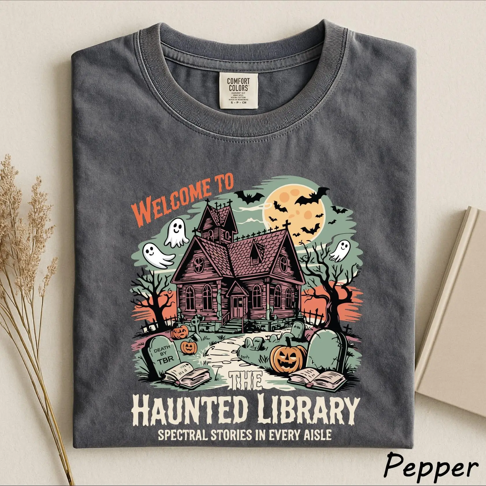 Welcome To The Haunted Library T-Shirt, Cute Halloween Booktrovert Bookish Reading Lover Spooky Fall Tee - photo 2