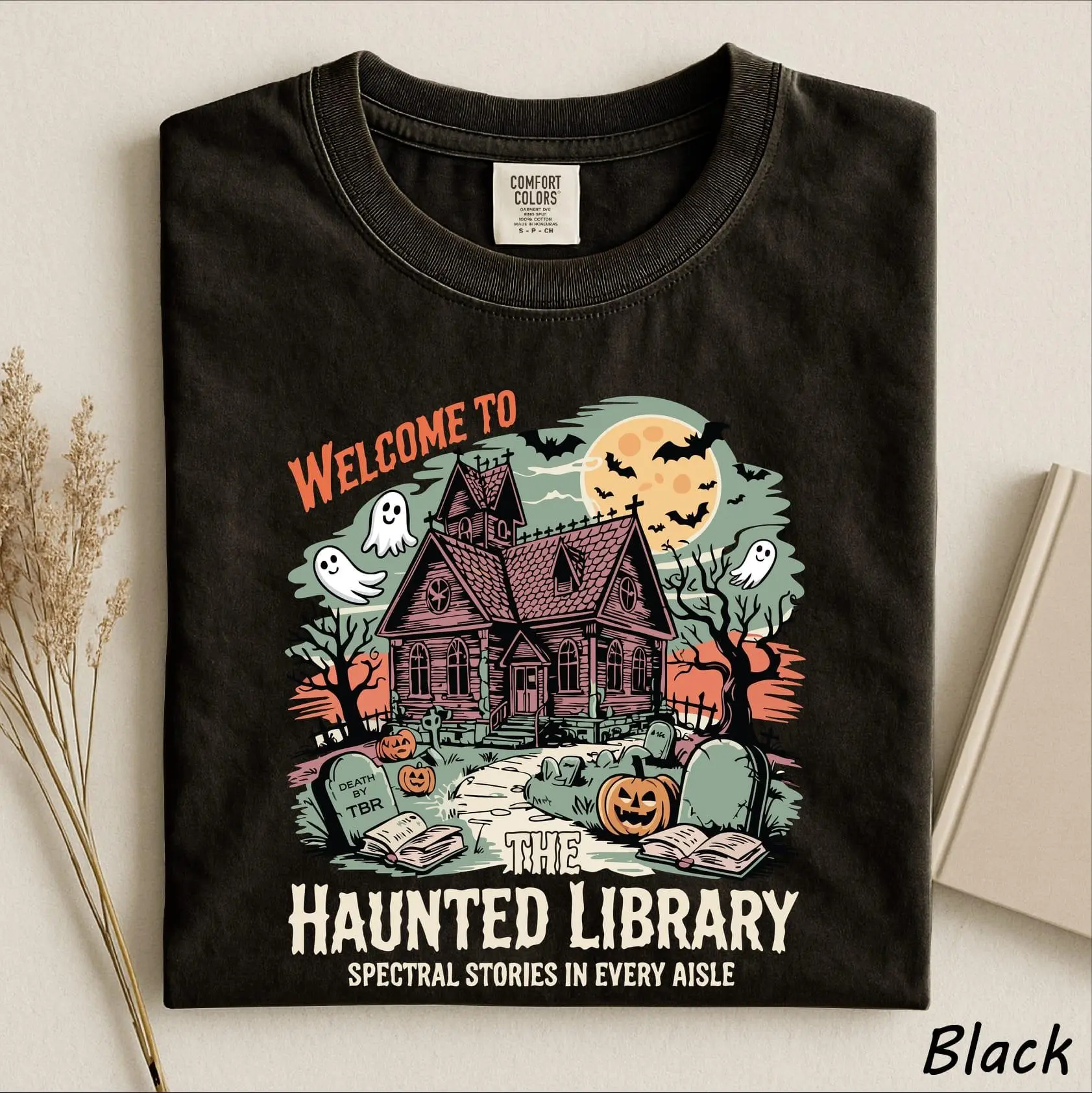 Welcome To The Haunted Library T-Shirt, Cute Halloween Booktrovert Bookish Reading Lover Spooky Fall Tee - photo 3