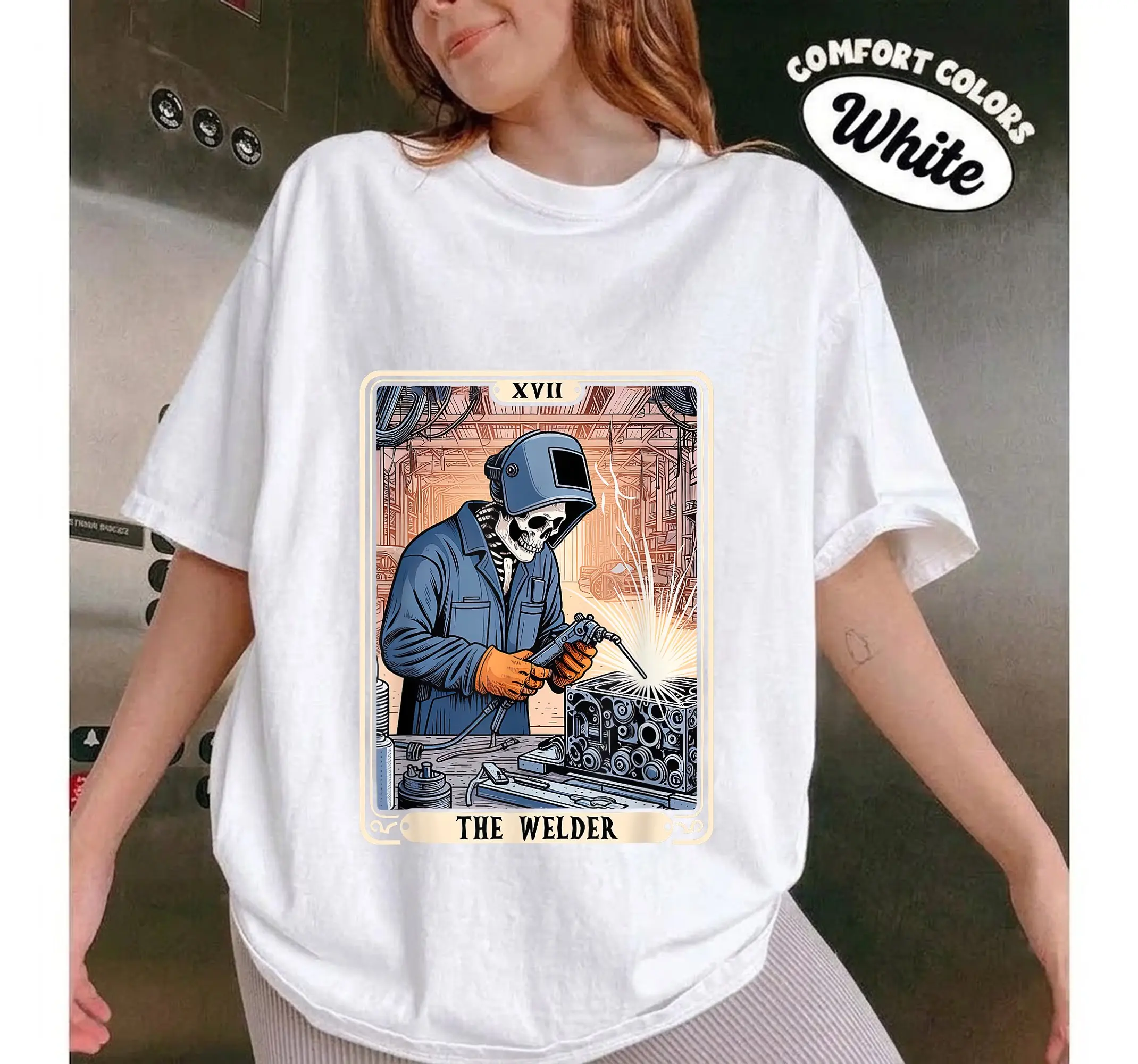 Welder Tarot Card Skeleton Shirt, Funny Welding Metalworker Graphic Tee
