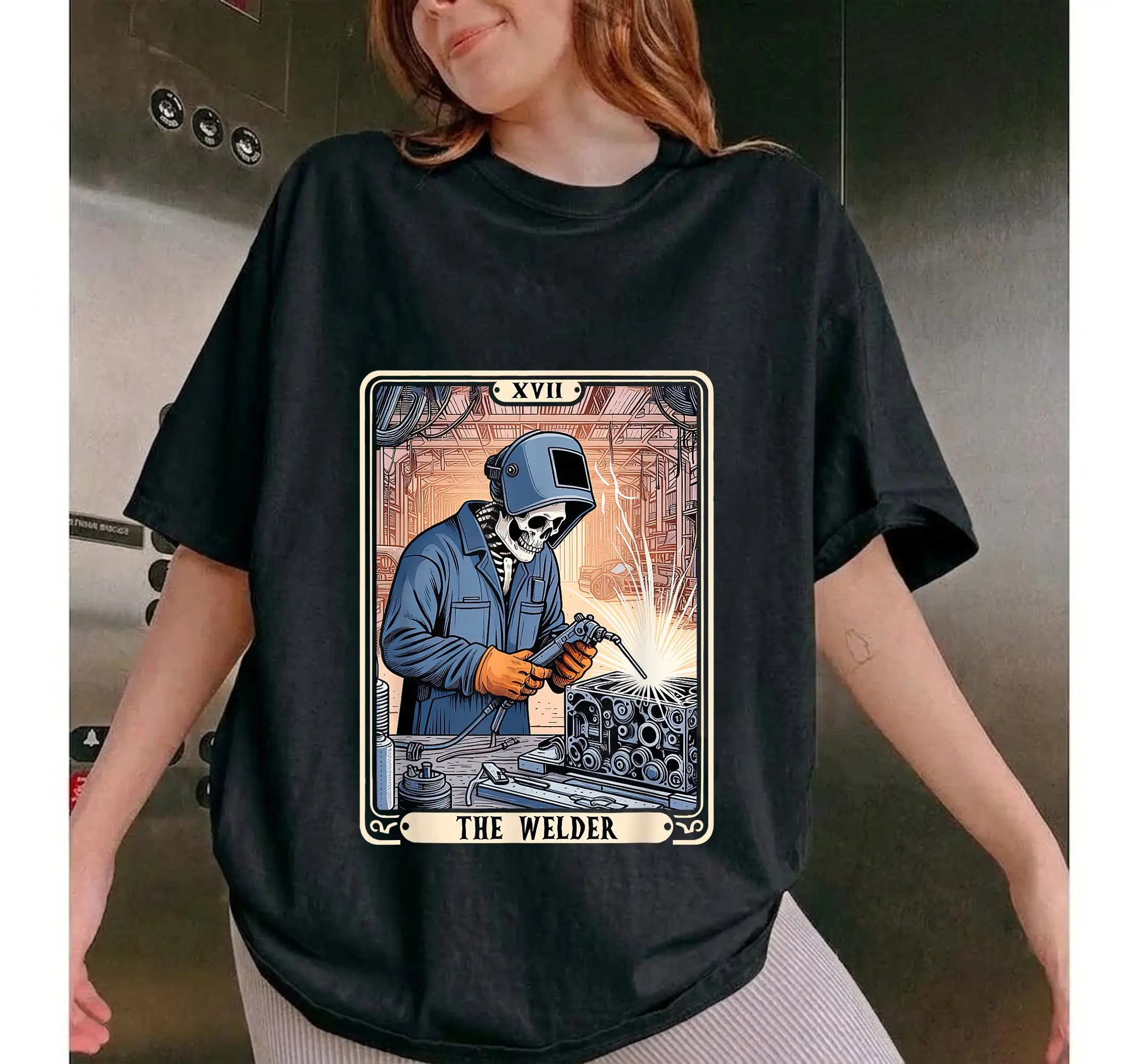 Welder Tarot Card Skeleton Shirt, Funny Welding Metalworker Graphic Tee - photo 2
