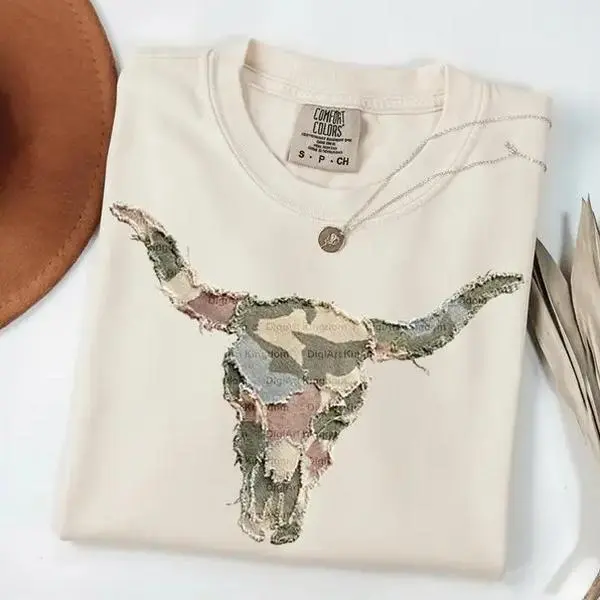Western Cow Skull Graphic Tee, Rustic Patchwork Longhorn Shirt, Comfort Colors Floral Camo Top