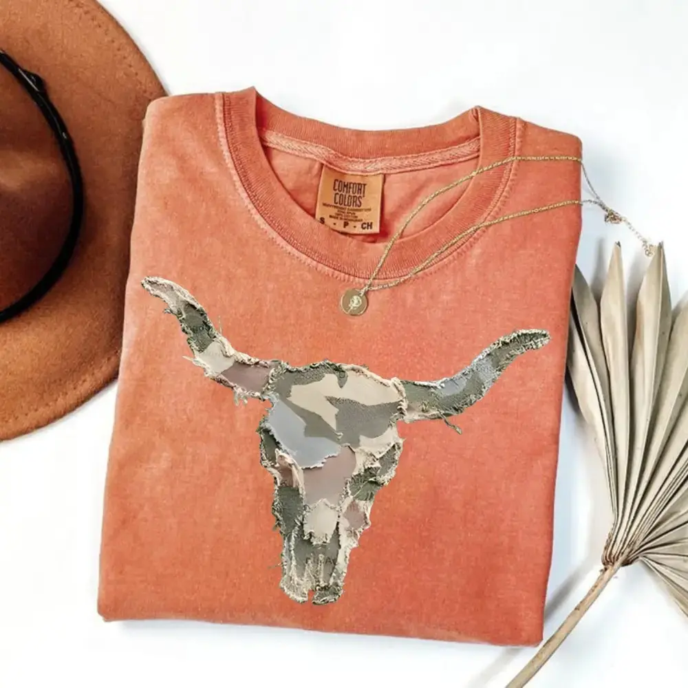 Western Cow Skull Graphic Tee, Rustic Patchwork Longhorn Shirt, Comfort Colors Floral Camo Top - photo 2