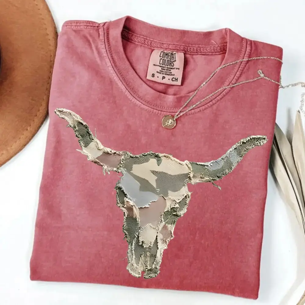 Western Cow Skull Graphic Tee, Rustic Patchwork Longhorn Shirt, Comfort Colors Floral Camo Top - photo 3