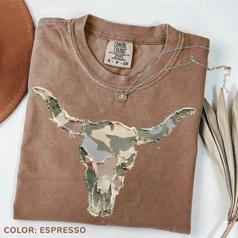 Western Cow Skull Graphic Tee, Rustic Patchwork Longhorn Shirt, Comfort Colors Floral Camo Top - photo 4