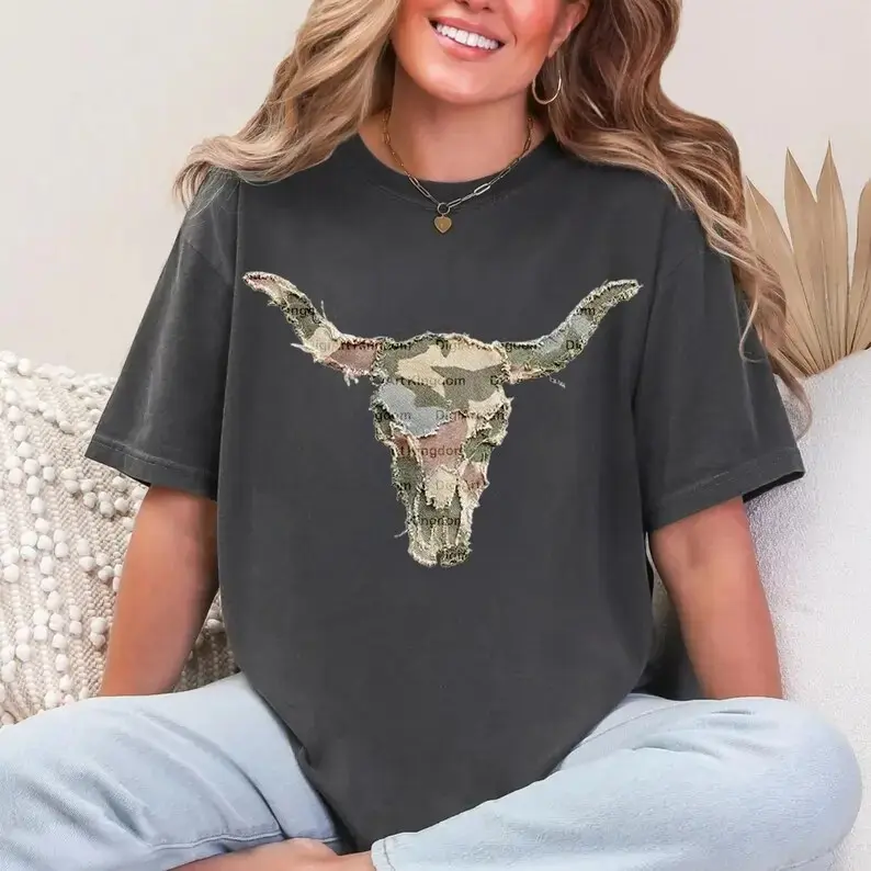 Western Cow Skull Graphic Tee, Rustic Patchwork Longhorn Shirt, Comfort Colors Floral Camo Top - photo 5