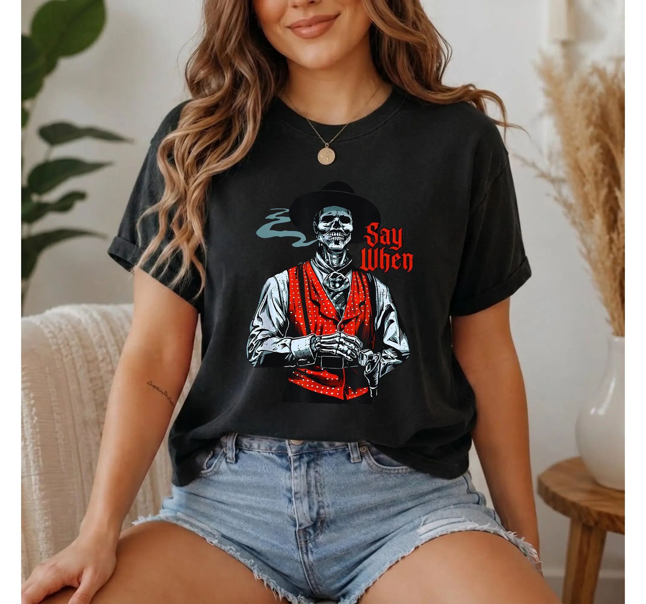 Western Cowboy Skull Graphic Tee, Say When Funny Skeleton Retro Country Humor Shirt