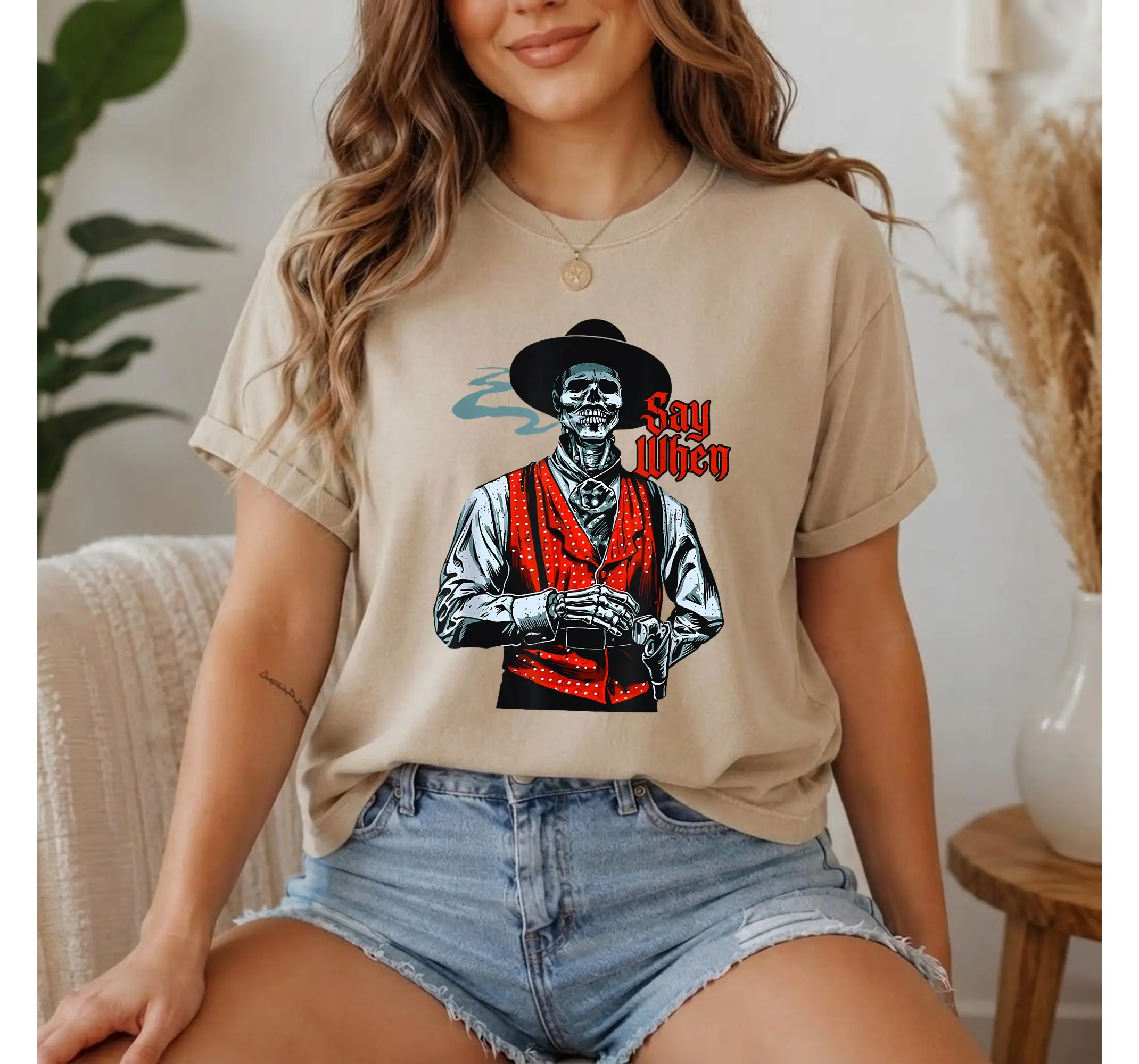 Western Cowboy Skull Graphic Tee, Say When Funny Skeleton Retro Country Humor Shirt - photo 2
