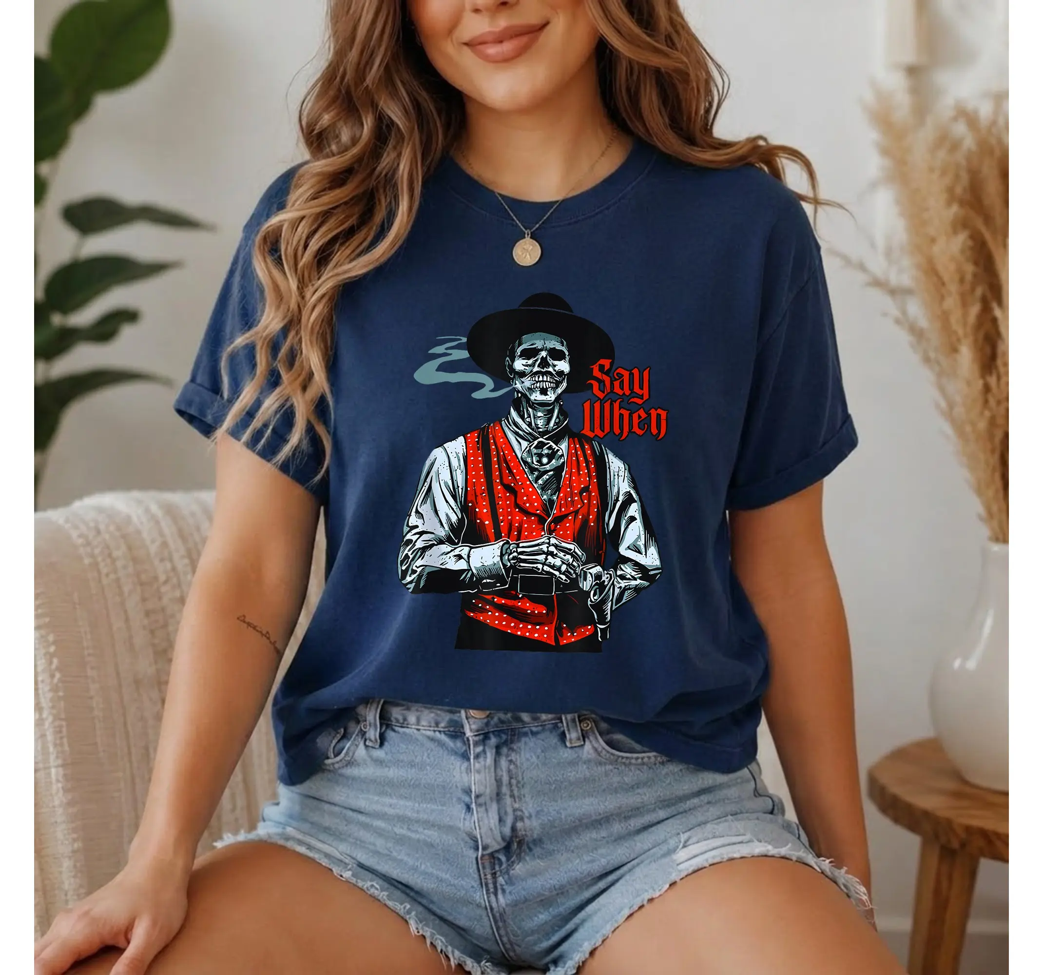 Western Cowboy Skull Graphic Tee, Say When Funny Skeleton Retro Country Humor Shirt - photo 3
