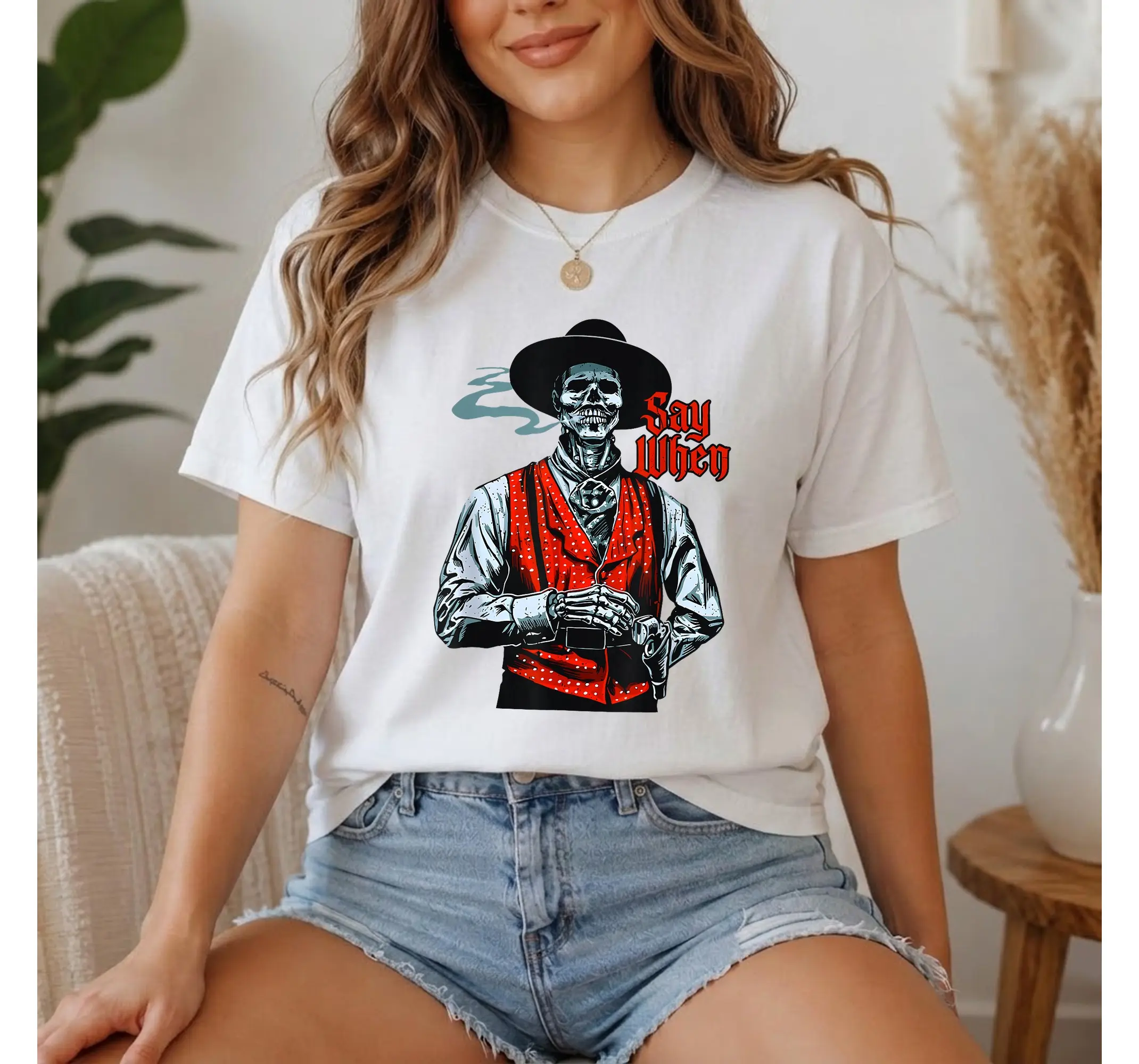 Western Cowboy Skull Graphic Tee, Say When Funny Skeleton Retro Country Humor Shirt - photo 4