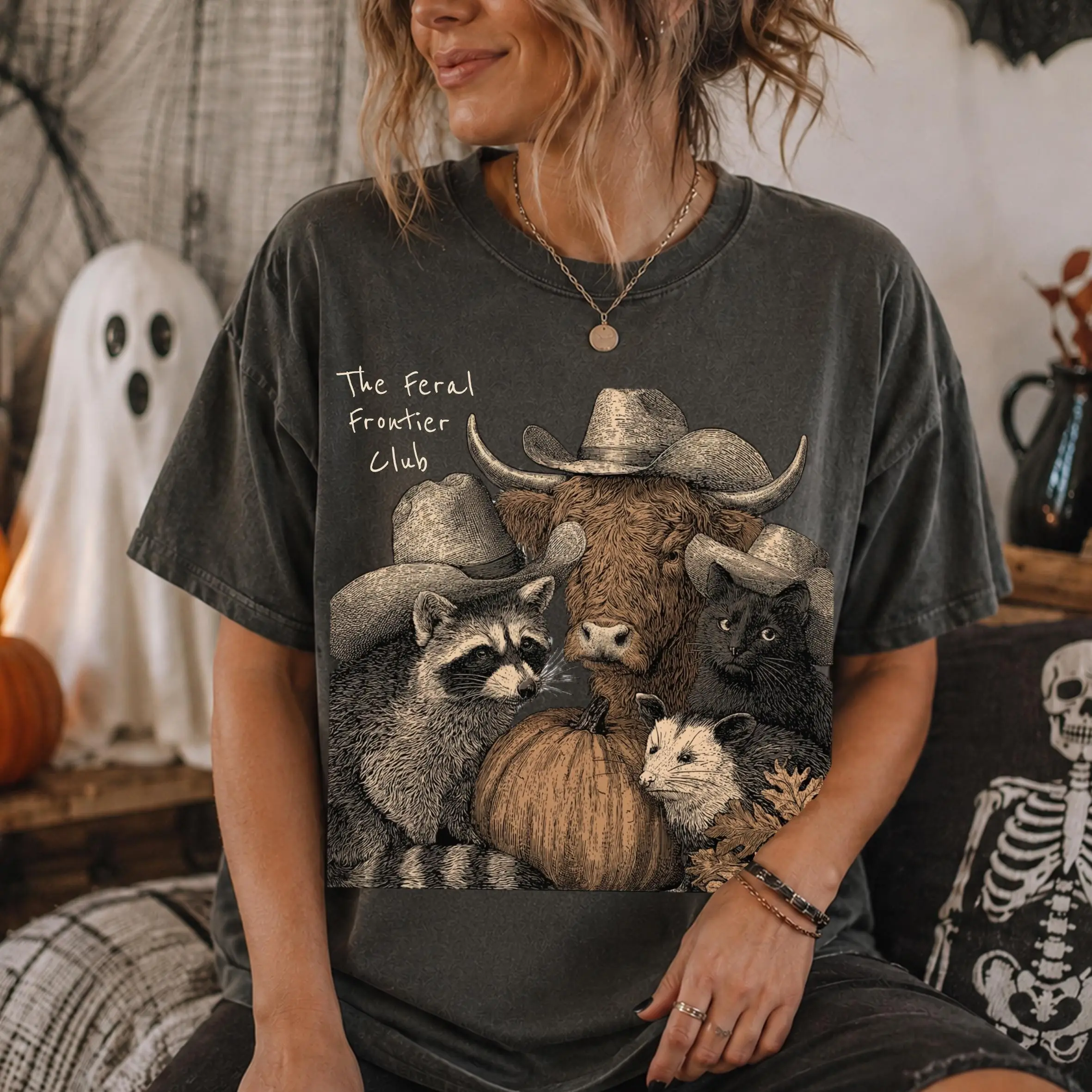 Western Halloween Womens T-Shirt, Feral Frontier Club Raccoon Highland Cow Tee, Black Cat Opossum Pumpkin Rodeo Cowgirl Fall Top