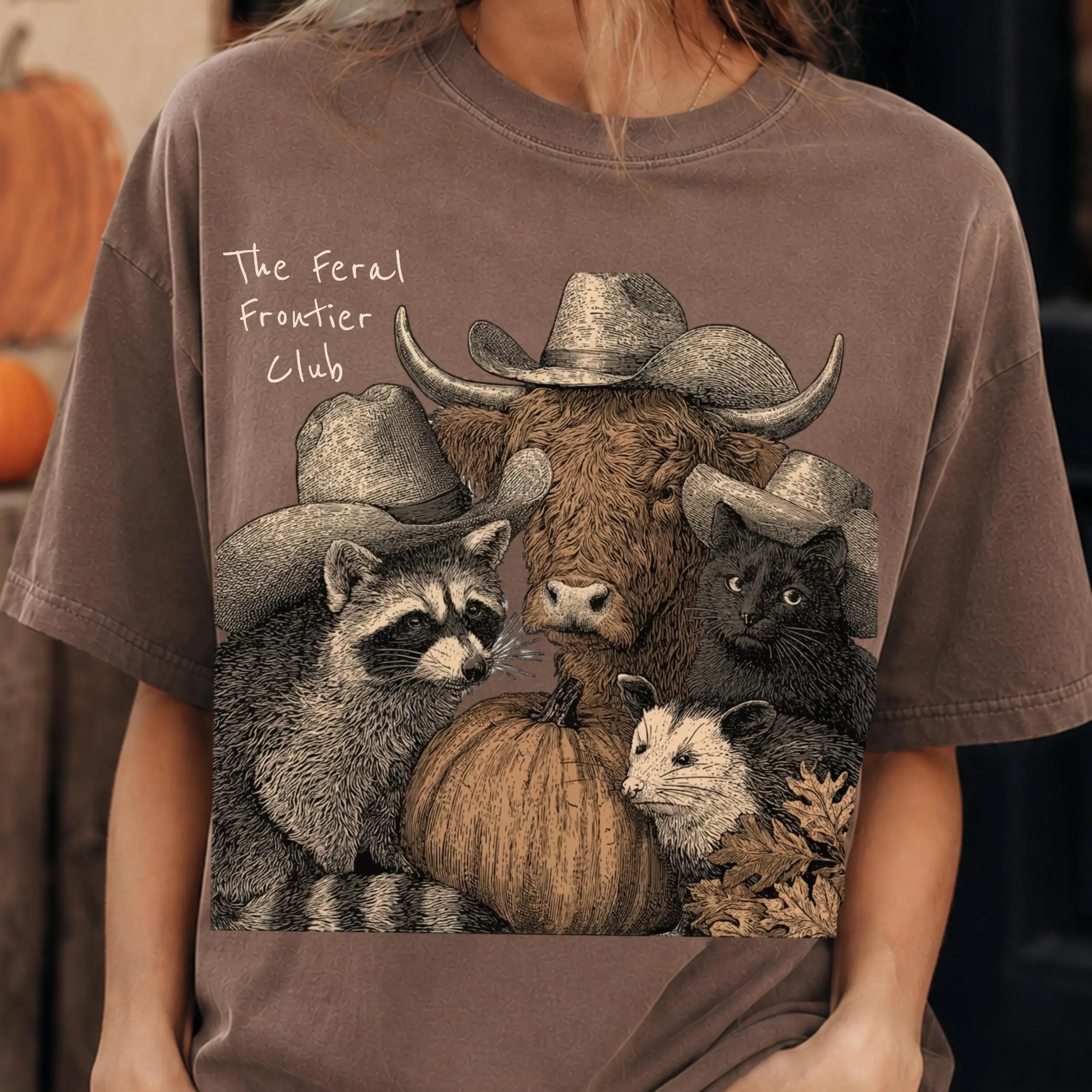 Western Halloween Womens T-Shirt, Feral Frontier Club Raccoon Highland Cow Tee, Black Cat Opossum Pumpkin Rodeo Cowgirl Fall Top - photo 2