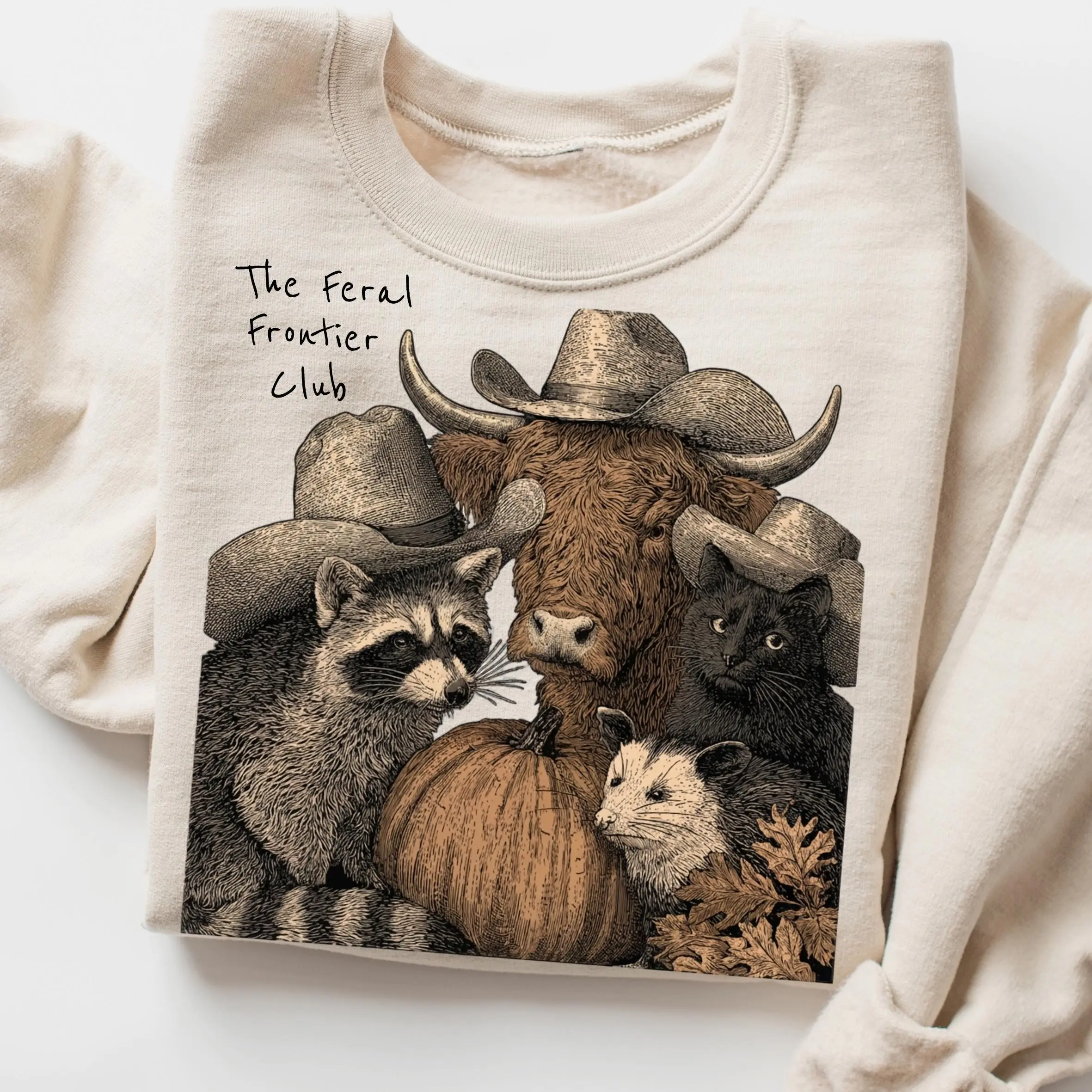 Western Halloween Womens T-Shirt, Feral Frontier Club Raccoon Highland Cow Tee, Black Cat Opossum Pumpkin Rodeo Cowgirl Fall Top - photo 3