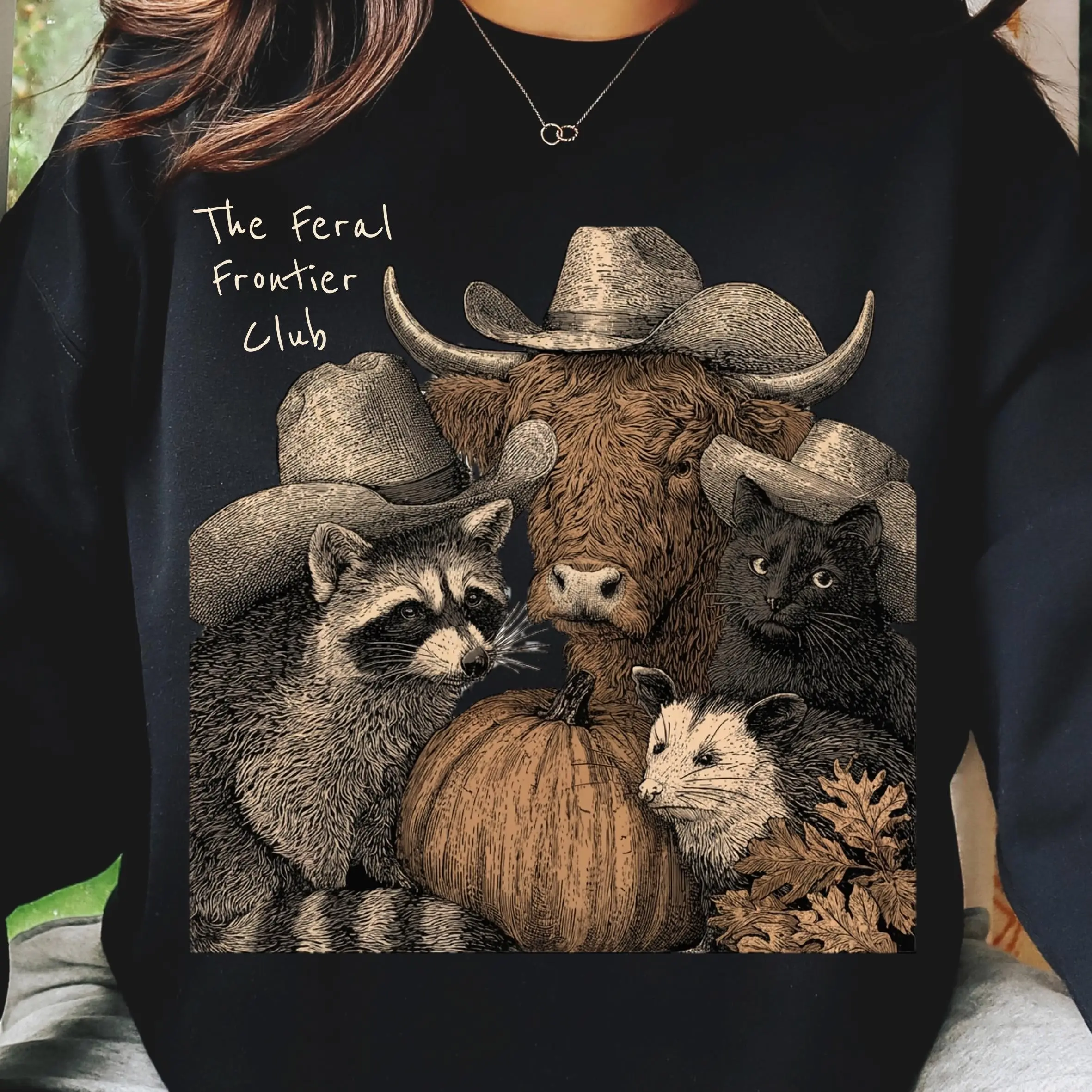 Western Halloween Womens T-Shirt, Feral Frontier Club Raccoon Highland Cow Tee, Black Cat Opossum Pumpkin Rodeo Cowgirl Fall Top - photo 4