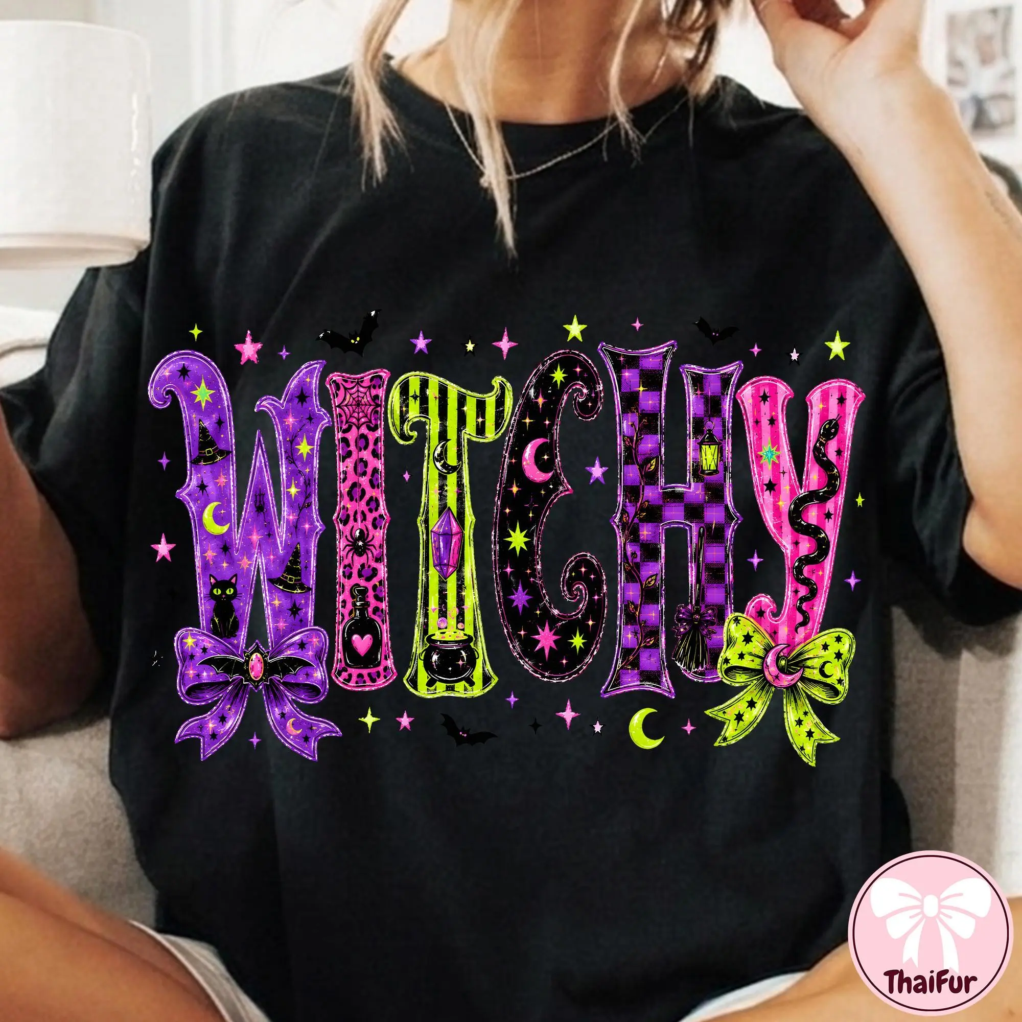 Whimsical Witchy Halloween T-Shirt, Checkered Leopard Print Spooky Graphic Tee, Retro Girly Unisex Top - photo 5