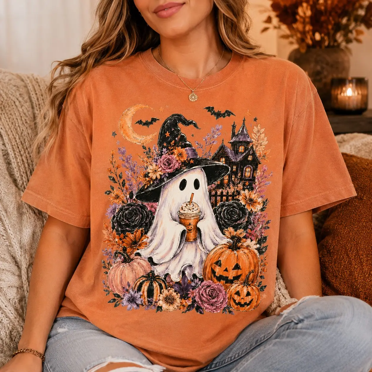 Whimsigothic Coffee Ghost Shirt, Spooky Season Witch Retro Fall Pumpkin Graphic Tee - photo 1