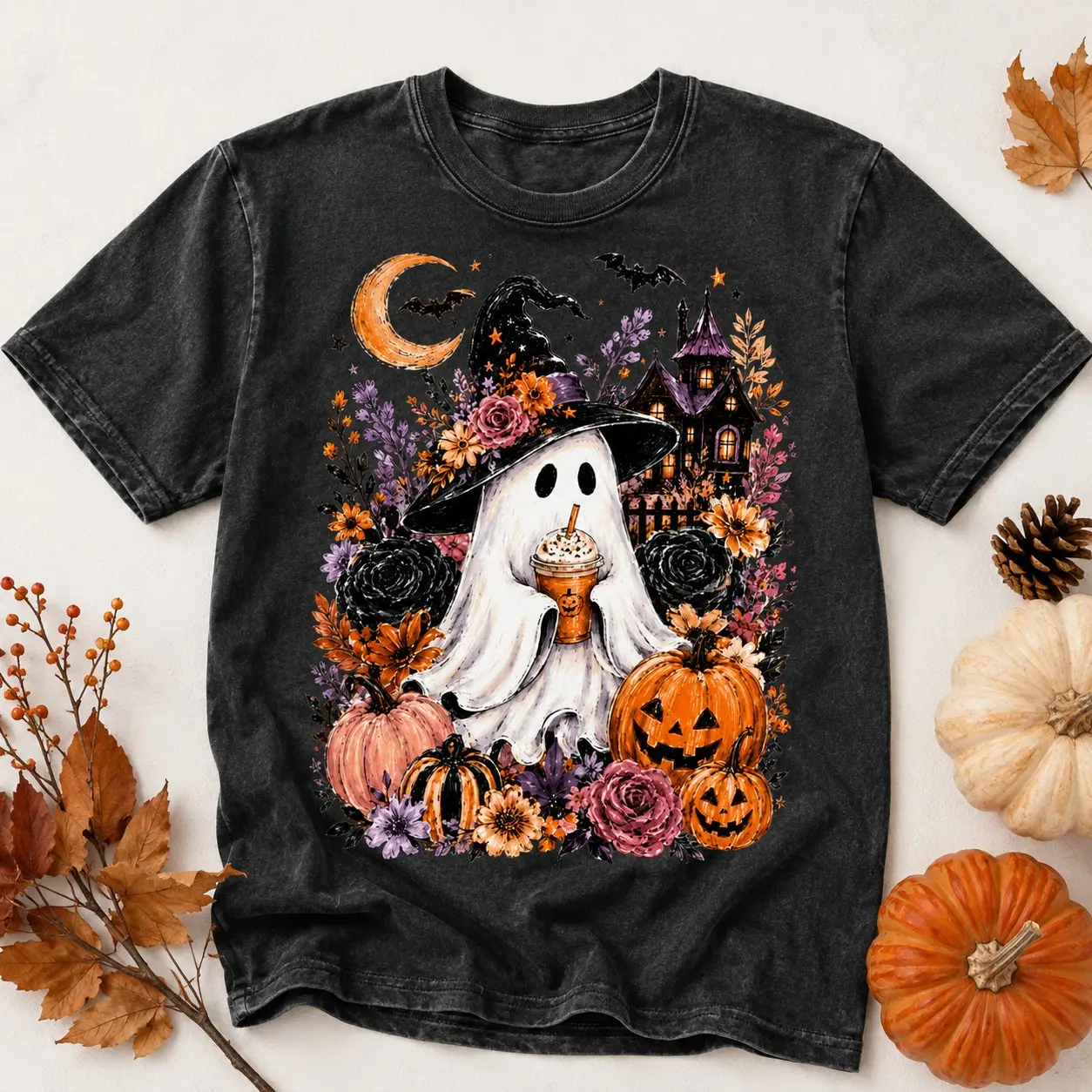 Whimsigothic Coffee Ghost Shirt, Spooky Season Witch Retro Fall Pumpkin Graphic Tee - photo 2